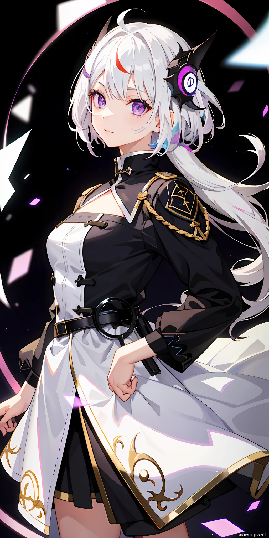 1girl, white hair, multicolored hair, purple eyes, mask on head, sidelighting, light particles, wallpaper,