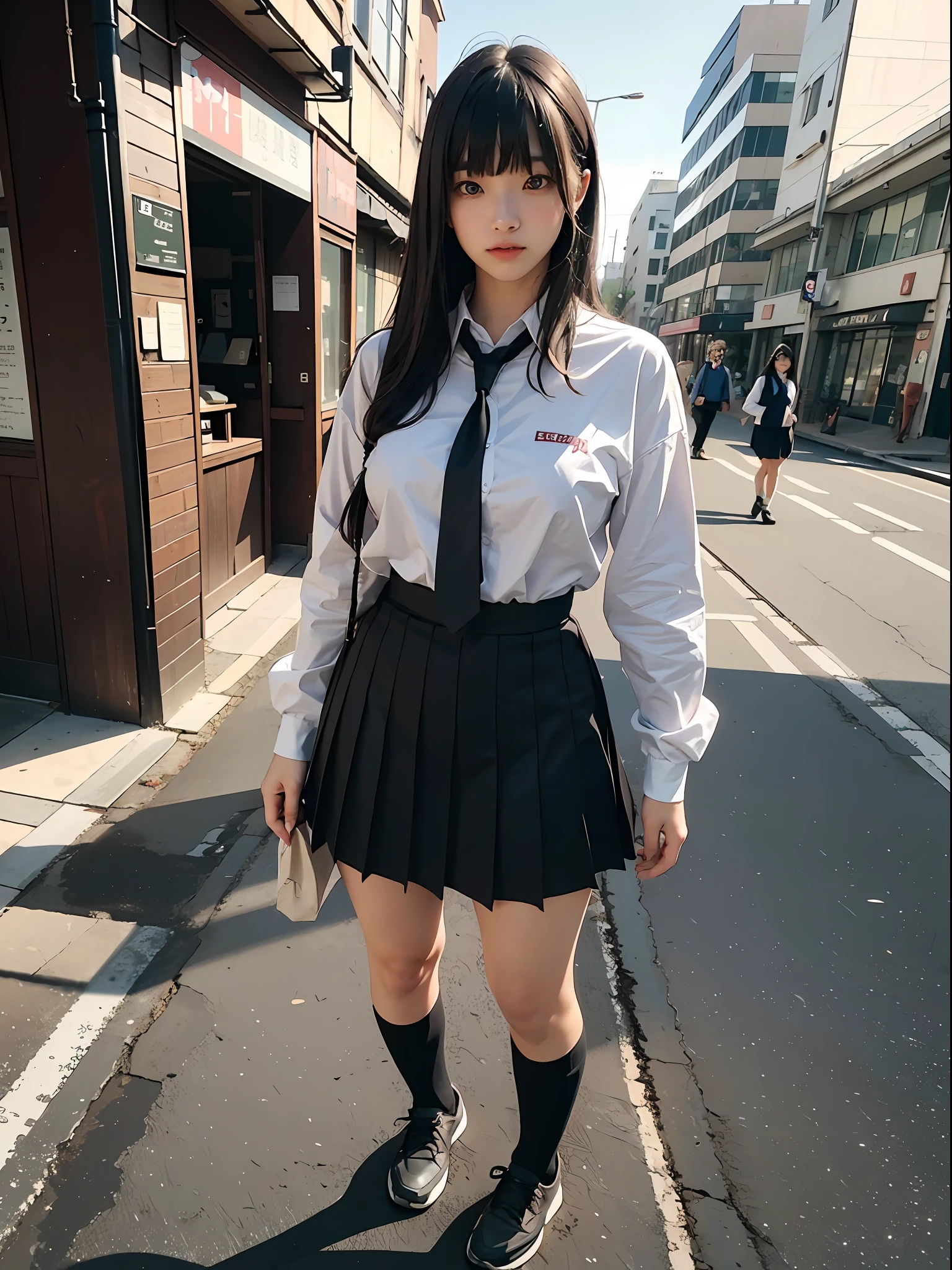 Photograph of a young Japanese schoolgirl wearing school uniform, socks and school shoes, full body, perfect body beauty: 1.4, ((long black fringe-cut and bangs hair)), (Big breasts: 1.3)((Realistic lighting, Best quality, 8K, Masterpiece: 1.3)), Clear focus: 1.2 (Outdoor, night: 1.2), City streets, ultra-fine face, fine eyes
