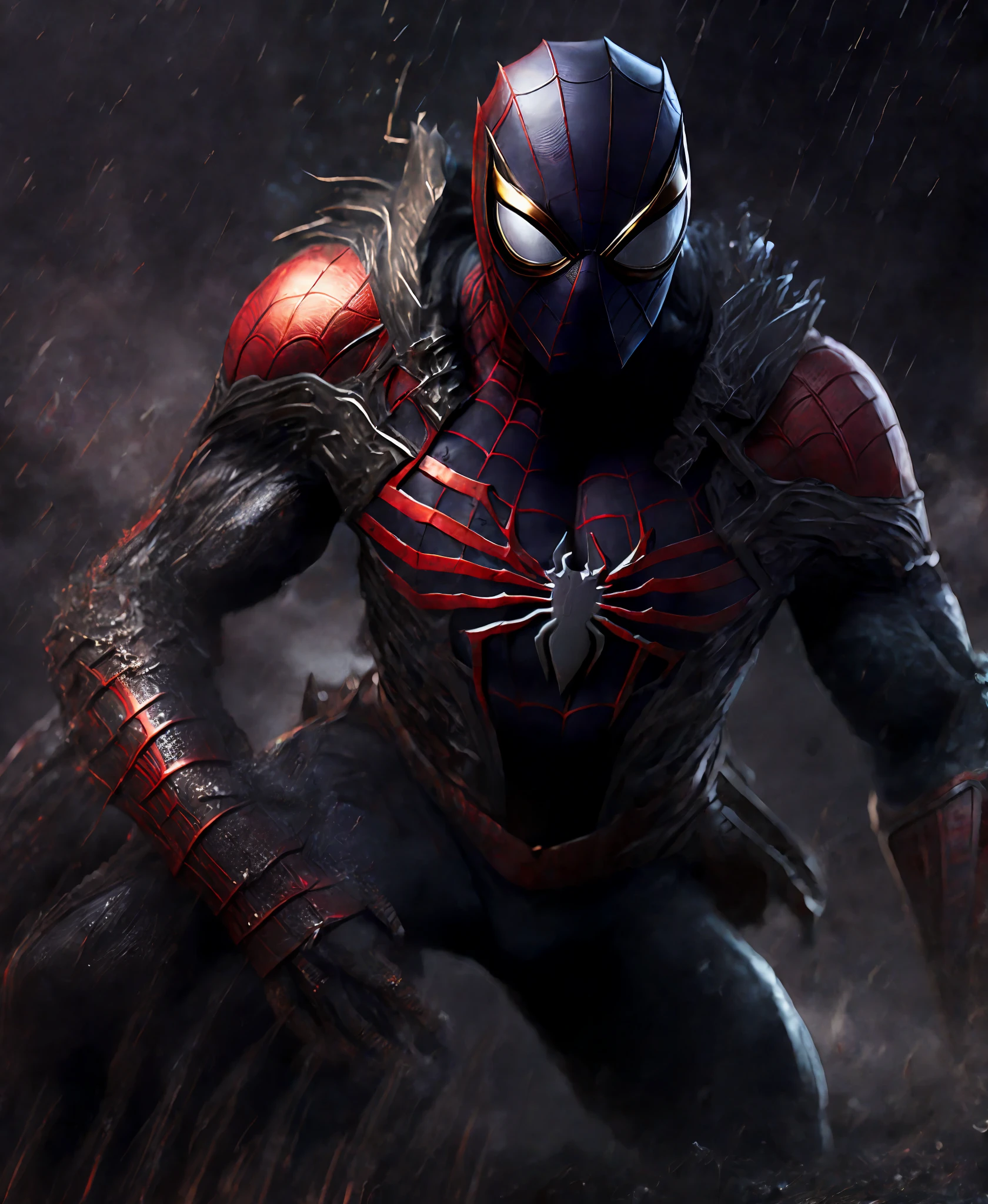Close-up (Spider-Man from Marvel in Viking style: 1.3) emerging from wet black mud, extremely detailed, smoke, sparks, metal shavings, flying debris, volumetric light