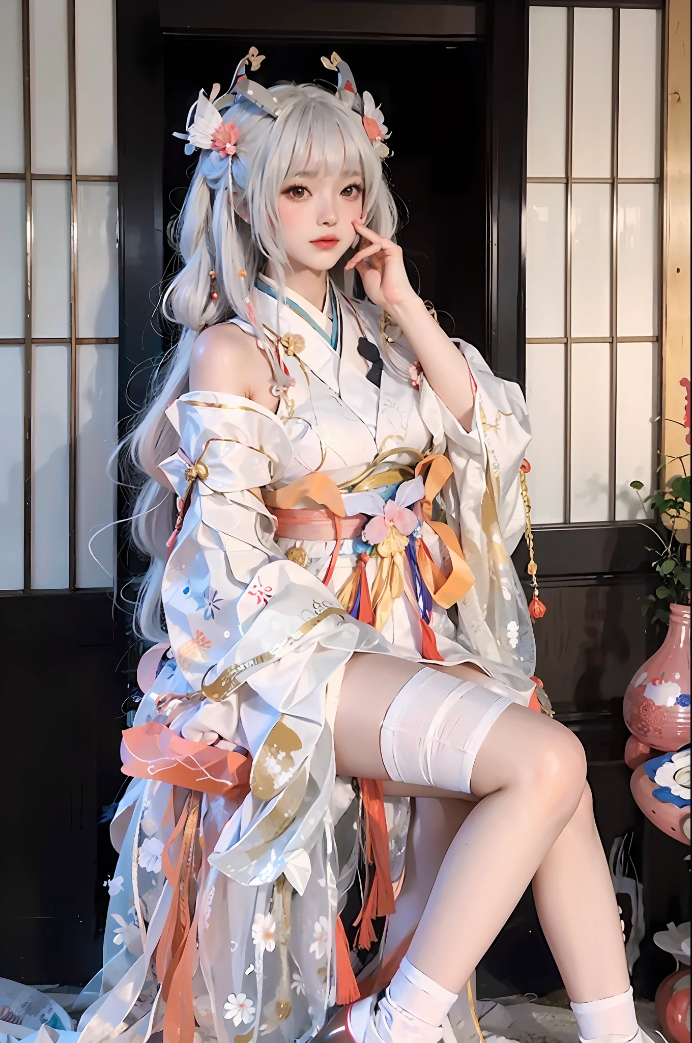 araffe dressed in a kimono sitting on a chair, anime girl cosplay, japanese goddess, anime cosplay, white hanfu, white hime cut hairstyle, in kimono, japaneese style, anime girl in real life, traditional beauty, with white long hair, japanese kimono, anime barbie in white stockings, elegant glamourous cosplay, traditional japanese, ornate cosplay, japanese clothes