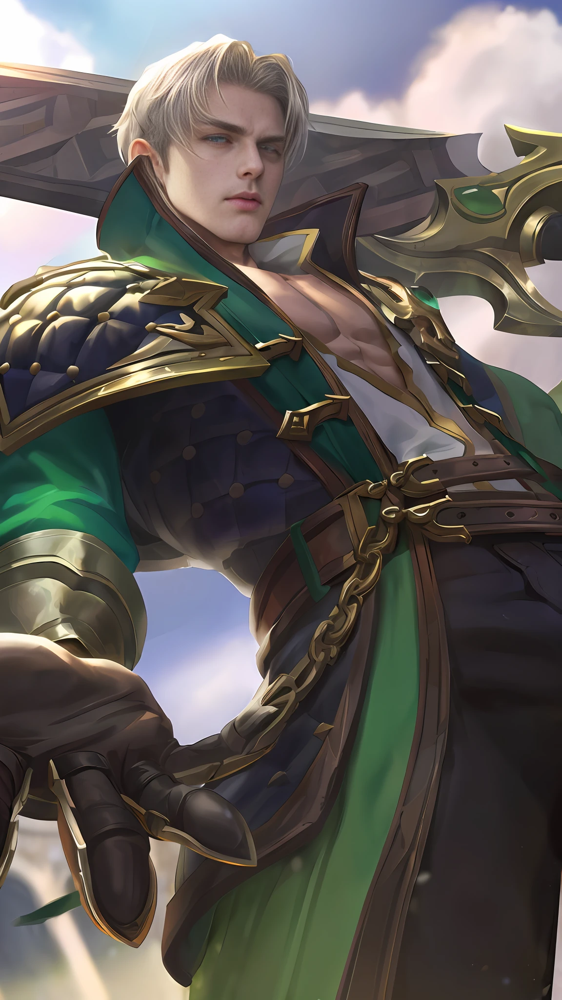 (Absurdres, Intricate Details, Masterpiece, Best Quality, High Resolution, 8k), 1 male, thin, young, aged up, masked, finely detailed eyes and face, auburn low-fade hair, amber eyes, portrait, looking at viewer, solo, half shot, detailed background, (light fantasy theme:1.1), focusing, mercenary, sunshine, floating scraps, color plate armor, divine aura, bright realistic lighting, marble castle, intense atmosphere, circlet, coat of arms, brazier, , Depth of Field, VFX. wear an eyepatch, open eyes