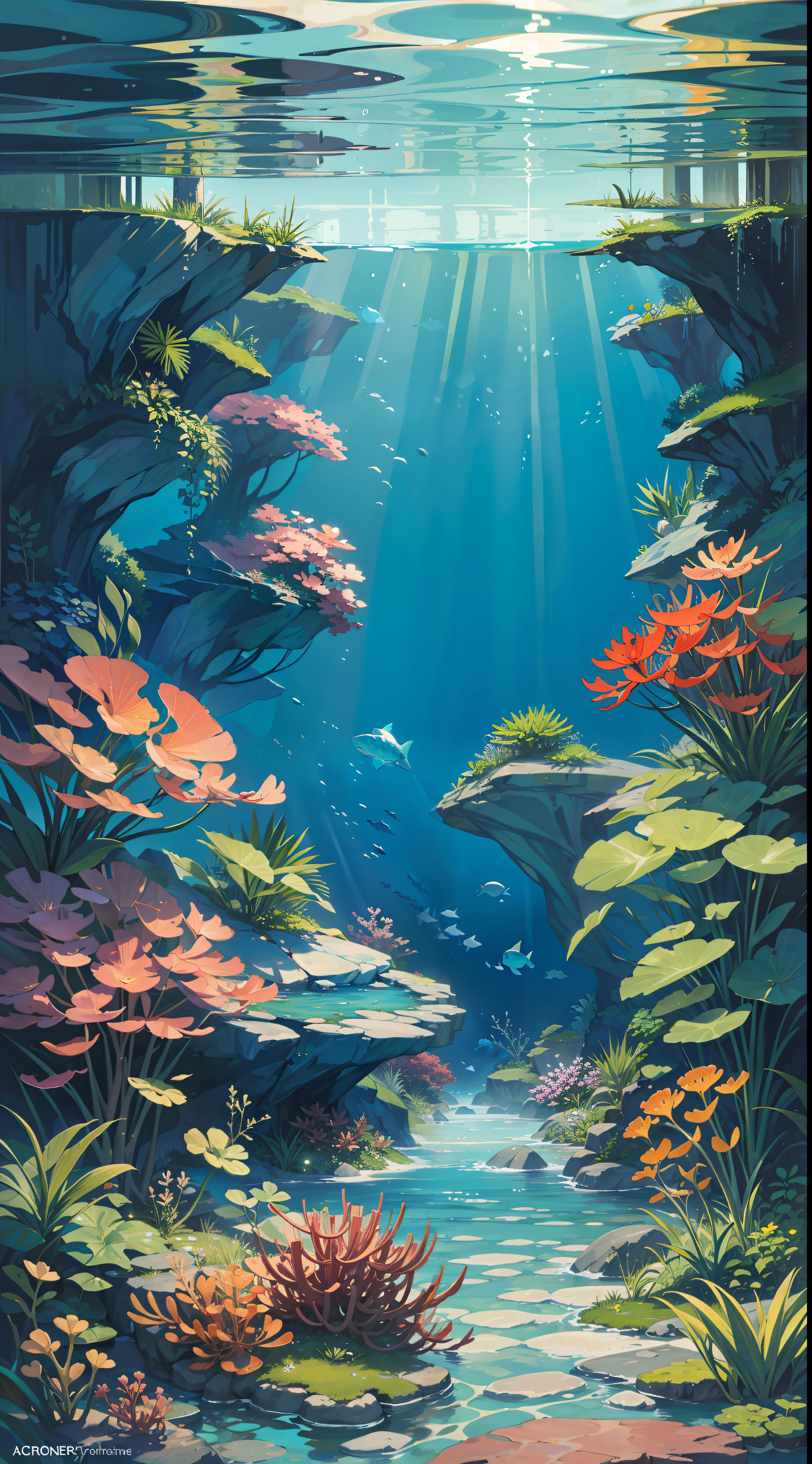 An underwater view, as if seen from below. The water is crystal clear, allowing sunlight to pass through it and illuminate the landscape. The scene is dominated by shades of blue and green, creating an effect of tranquility and serenity. The landscape is filled with colorful fish, swimming around coral reefs and aquatic plants. A lone shark swims in the distance, while a few turtles and a ray move slowly across the landscape. The scene is complete with small bubbles of air floating on the surface of the water.