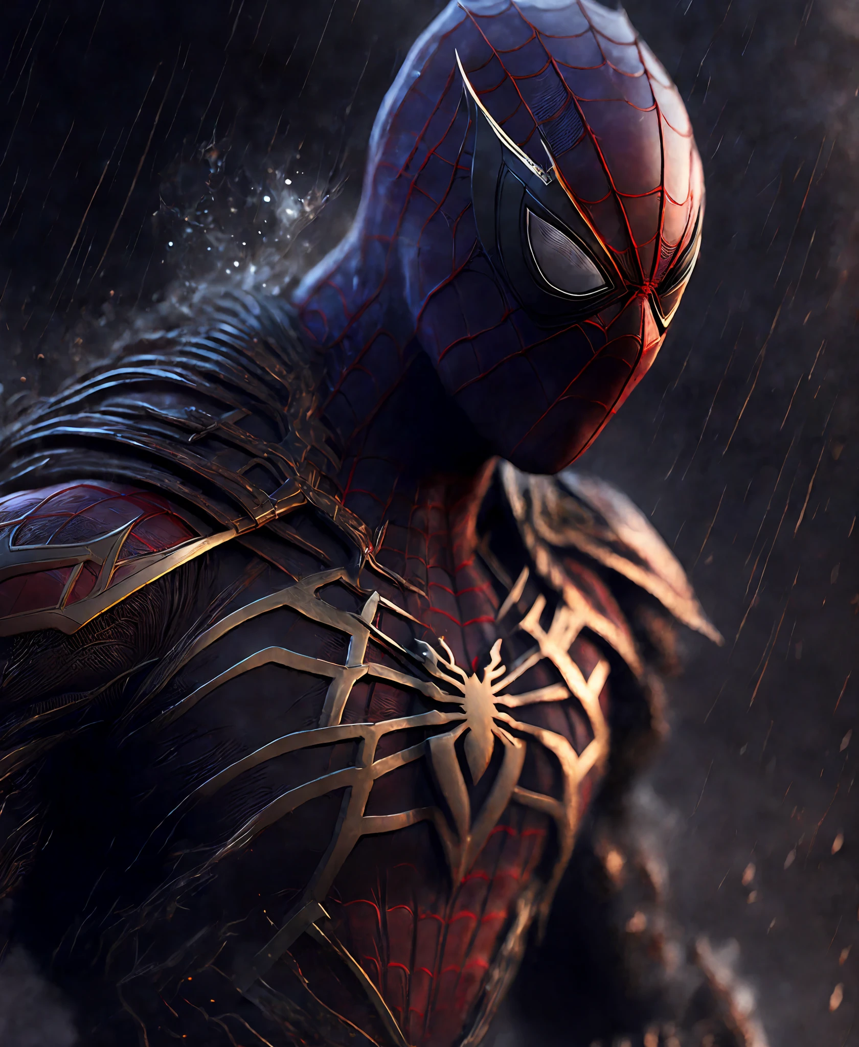 Close-up (Spider-Man from Marvel in Viking style: 1.3) emerging from wet black mud, extremely detailed, smoke, sparks, metal shavings, flying debris, volumetric light