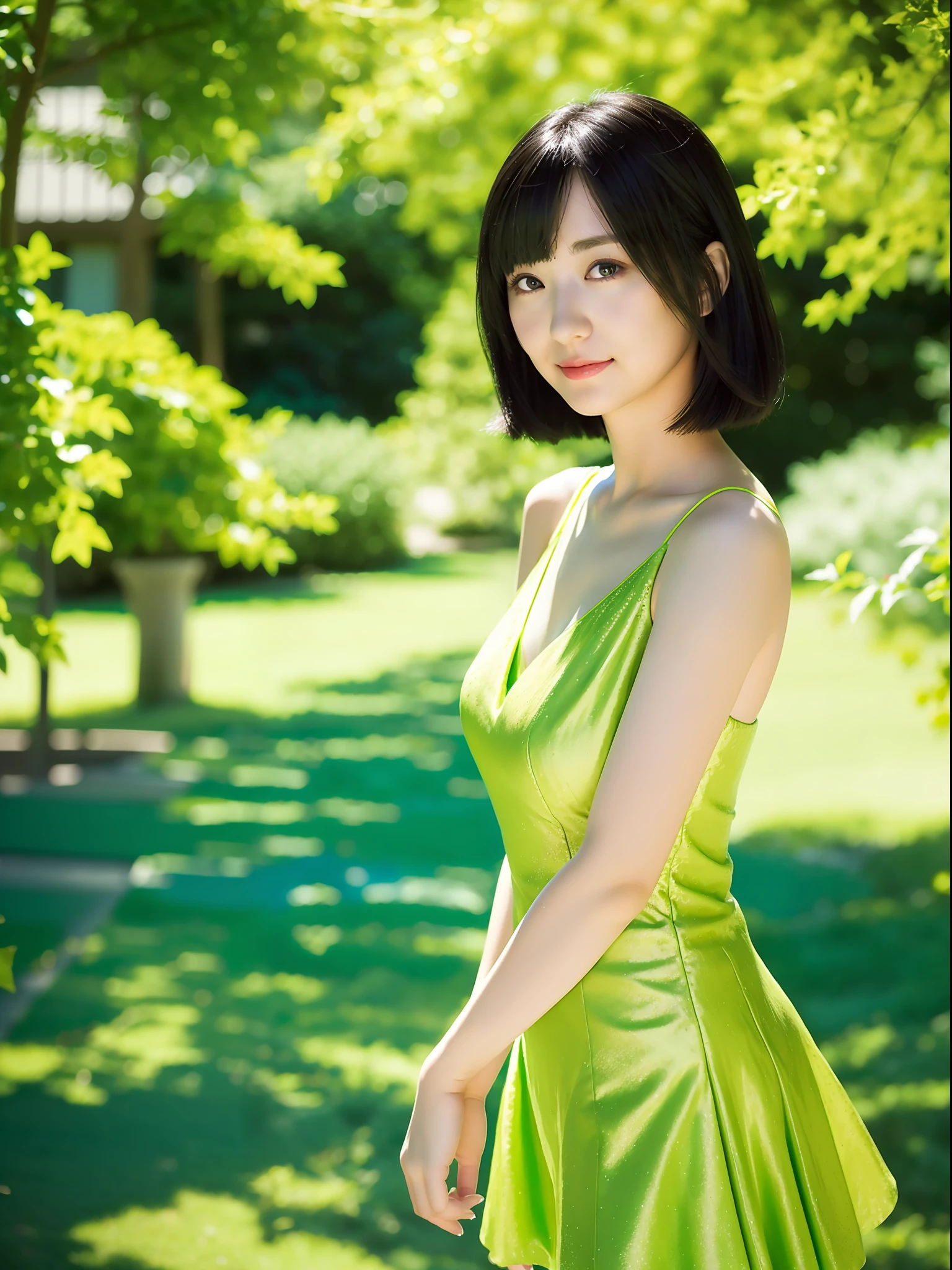 green dress,white short skirt,woman,japanese,bare shoulders,shoulders slightly exposed,black eyes,black hair,(photorealistic:1.4),realistic details, high resolution,bokeh,outstanding details