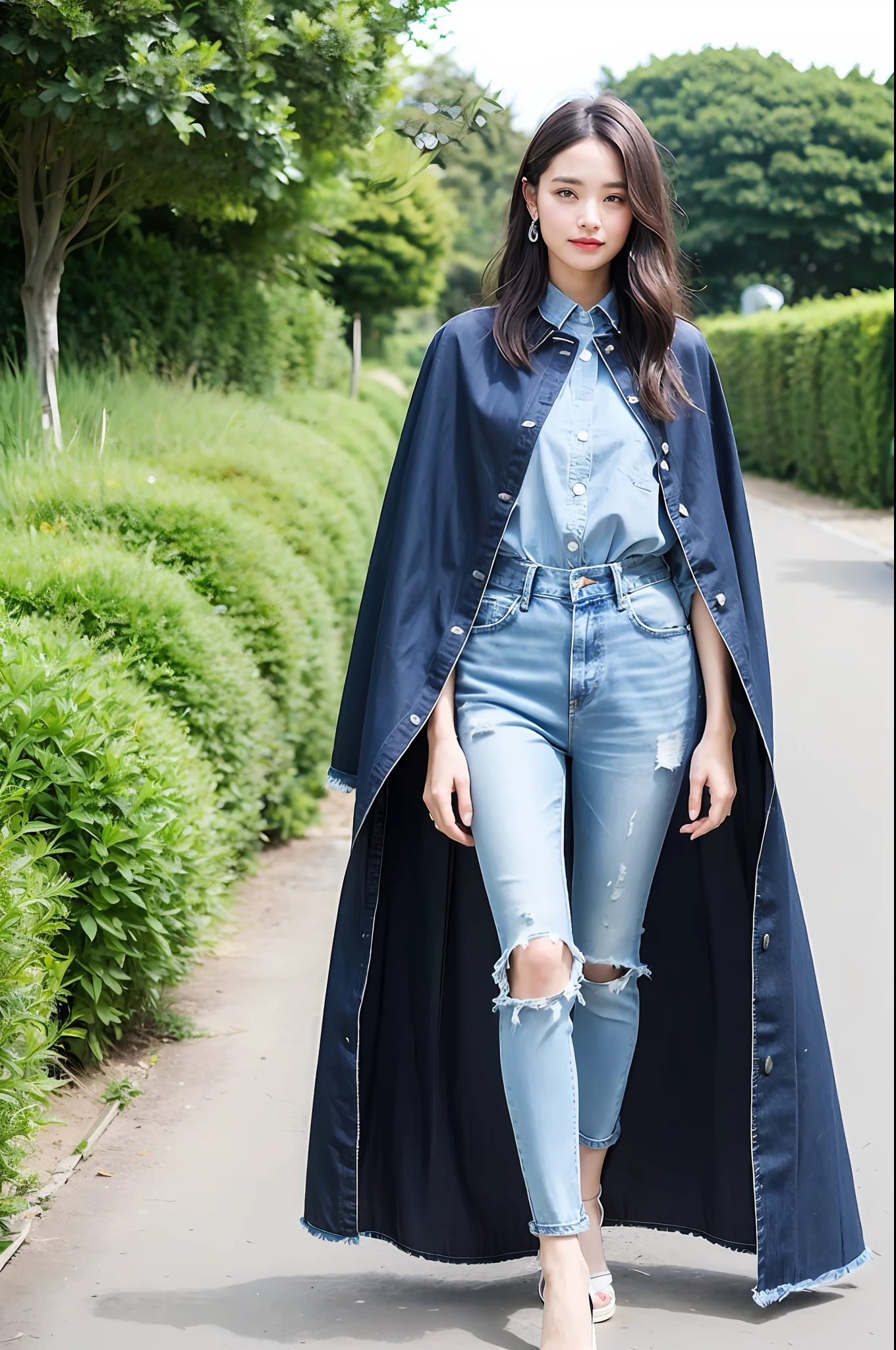 "A dark denim style paired with a French beach-inspired cape is the perfect way to showcase a joyful and revealing summer look. "