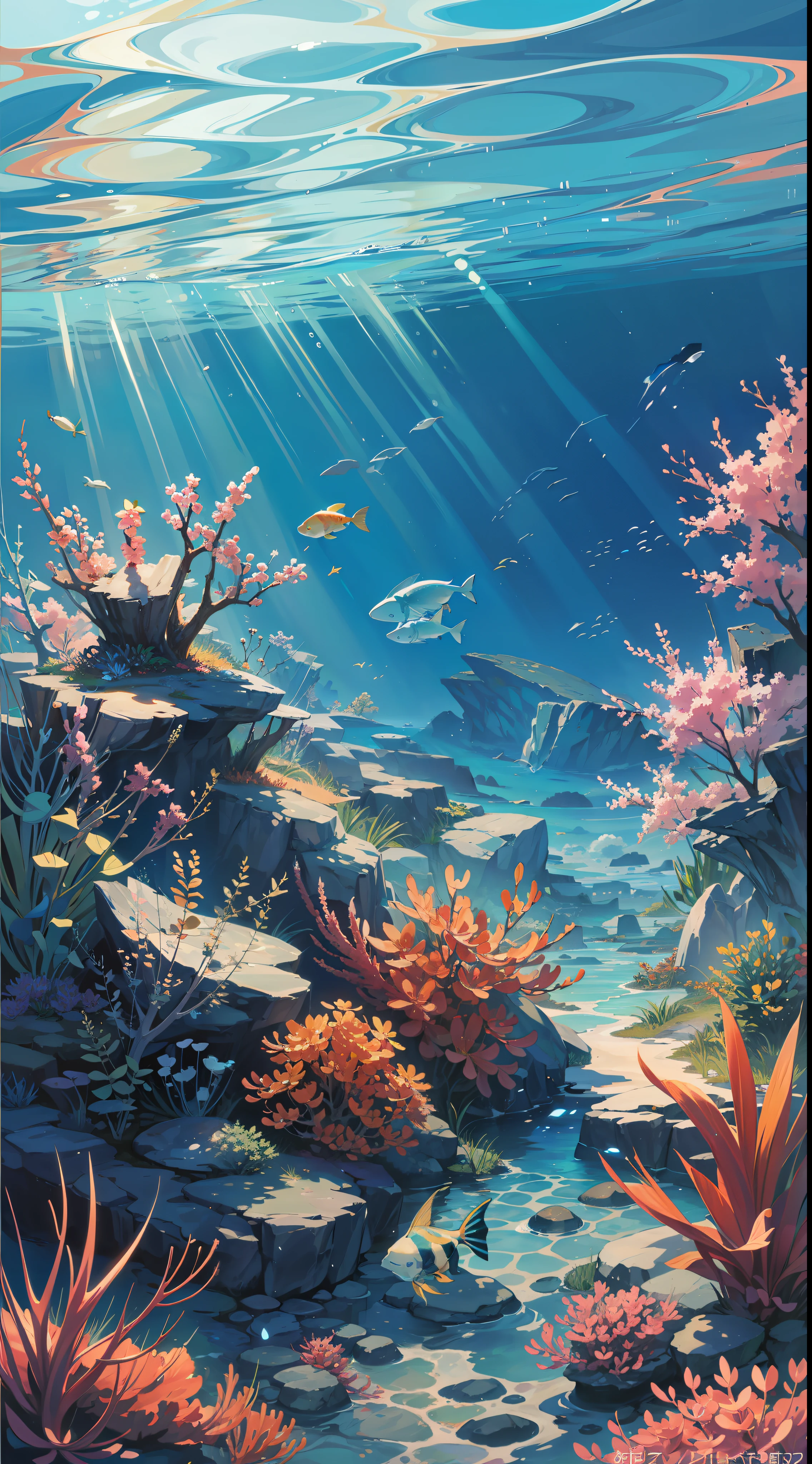 (artwork) image of an underwater view, as if it were seen from the bottom up towards the sky, with colorful and beautiful fish, sunlight passes through the crystal clear water, high details, masterpiece, 8k, anime, dramatic lighting, special effects