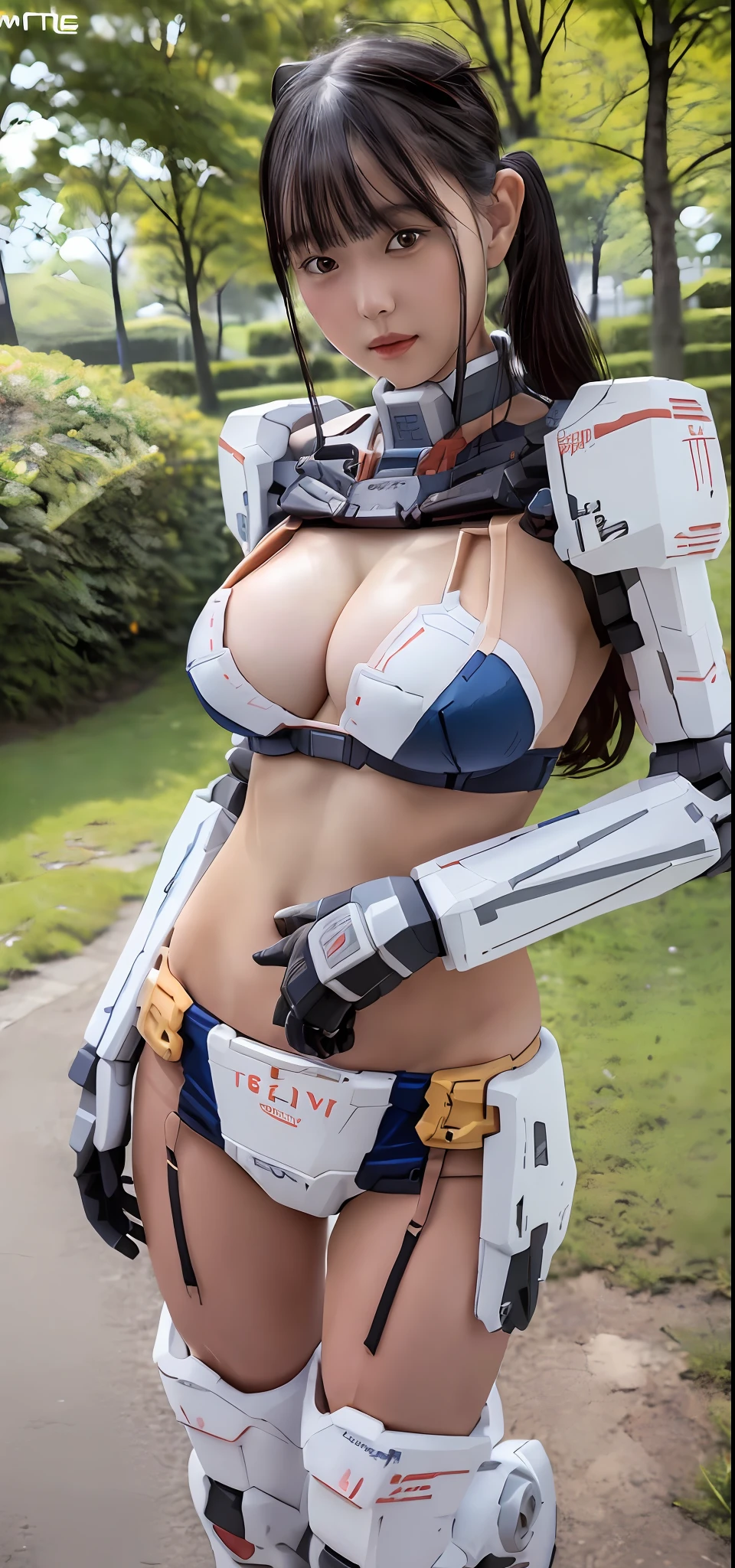 Gundam (RX78\), Ultra High Definition, Best Quality, Photography, 4K, (Photorealistic:1.4), 1 Girl, Solo, (Full Body: 1.1), Black Hair, Beautiful Face, Beautiful Eyes, (Cleavage Exposed), (Belly Exposed), (Arm Exposed), (Thighs Exposed), (Thighs Exposed) (White, Blue, Red, Color Bikini Mecha Armor)(), Outside the Park, Mecha Armor, Depth of Field, Motionline, Perky Breasts, Bra Lift, Breast Slip,Full Body, Standing,
