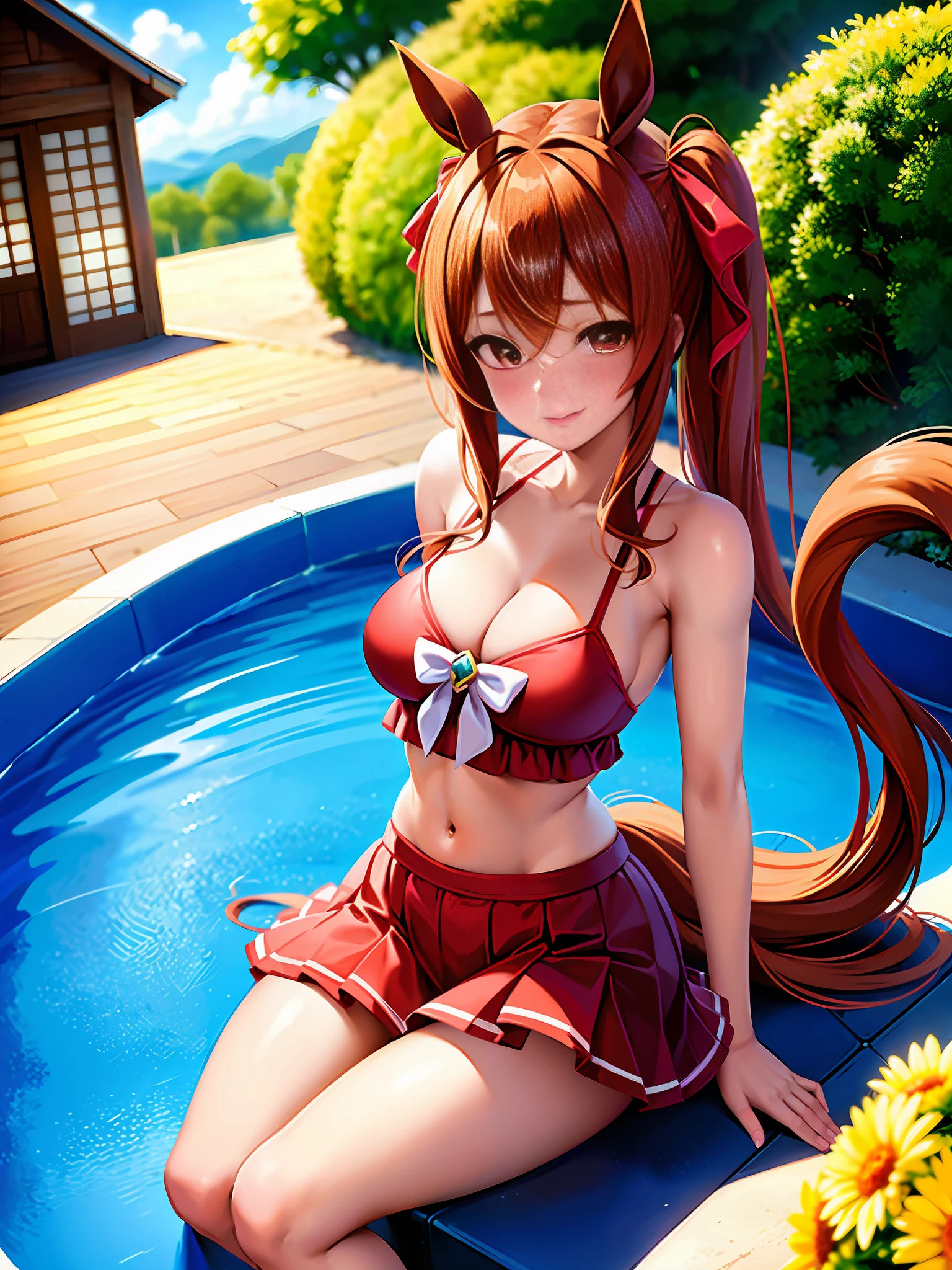 1 Girl, Solo, (Best Quality), (Masterpiece: 1.1), Full Body, looking_at_viewer, Dynamic Angle, Swimsuit, Cute, Transparent Face Skin, (Daiwa Scarlet (umamusume)), Uma Musume, Animal Ears, Bangs, Twin Tails, Blush, Brown hair, Red Eyes, Red Eyes, Eyebrows Hidden in Hair, Hair Between the Eyes, Tiara, Hair Ornament, Hair Ribbon, Horse Ears, horse girl, horse tail, long hair, masterpiece, best quality, hi-res