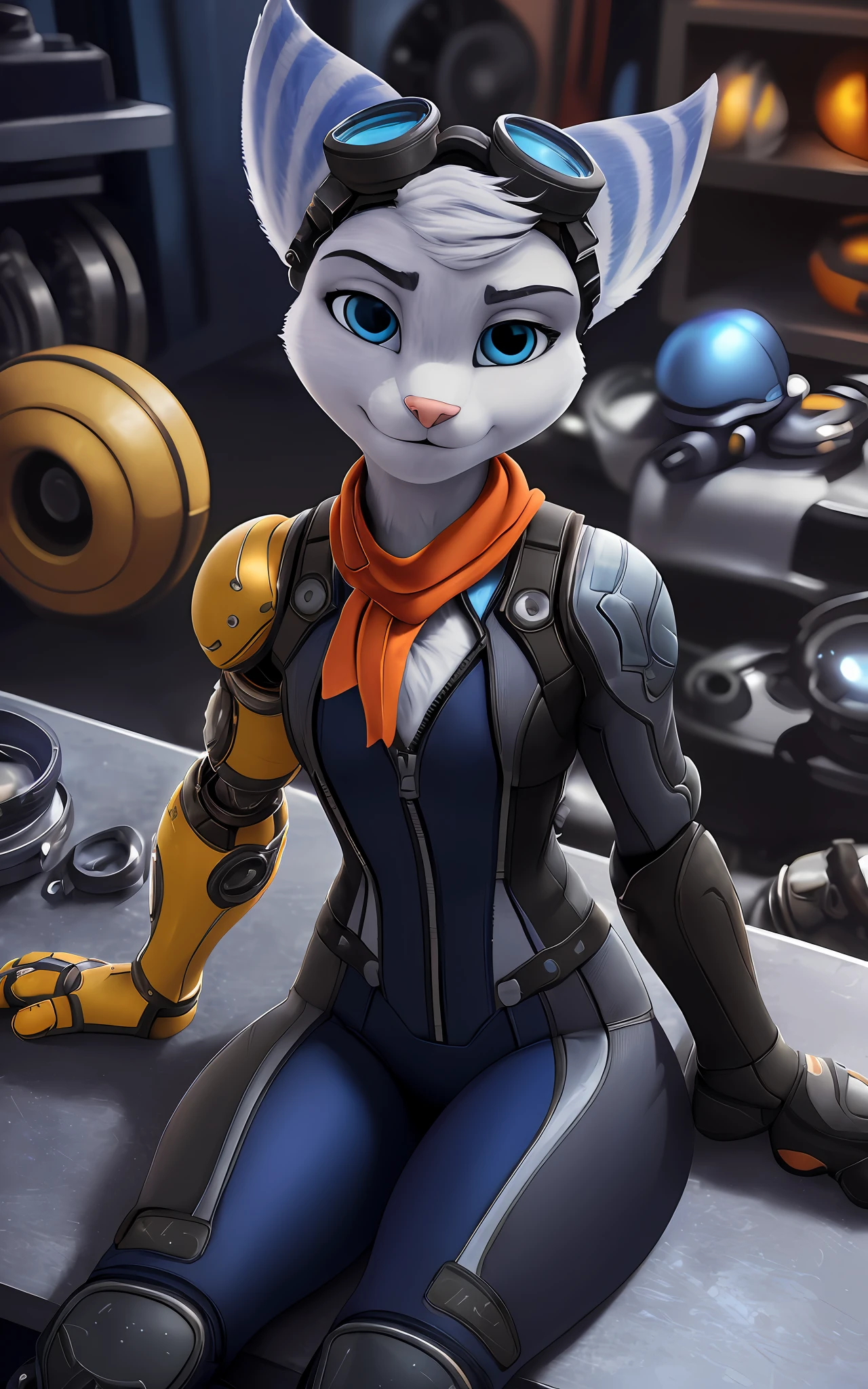 [rivet from Dreamworks ratchet and clank], [Uploaded to e621.net; (mayosplash), (Pixelsketcher)], ((masterpiece)), ((solo portrait)), ((1girl)), ((raw photo)), ((full body)), ((furry; antrhopromorphic)), ((detailed fur)), ((raytracing; reflective surfaces)), ((detailed shading)), ((beautiful render art)), ((cel shading)), ((nighttime lighting)), {anthro lombax; (grey fur, pink nose, pointed ears), round blue eyes, seductive gaze), (grey and blue skintight zip-up suit; grey lining, orange scarf, goggles on head), small boobs, curvaceous thin hips), (yellow prosthetic arm; RIGHT arm)}, ((laying on table; legs spread, hands on chest), attractive pose), [background; ((mechanic shop; gears and machinery), starry night sky, full moon)]
