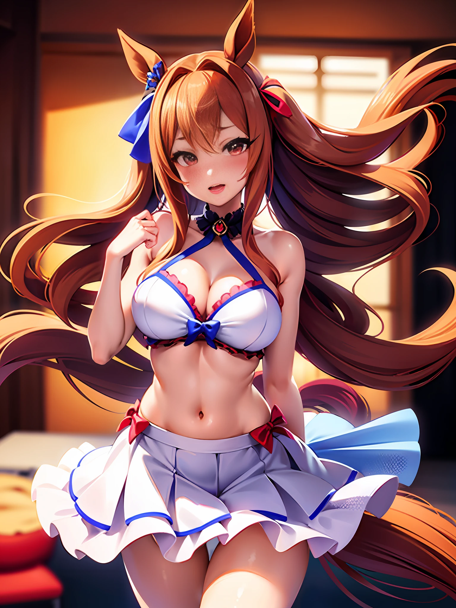 1 Girl, Solo, (Best Quality), (Masterpiece: 1.1), Full Body, looking_at_viewer, Dynamic Angle, Swimsuit, Cute, Transparent Face Skin, (Daiwa Scarlet (umamusume)), Uma Musume, Animal Ears, Bangs, Twin Tails, Blush, Brown hair, Red Eyes, Red Eyes, Eyebrows Hidden in Hair, Hair Between the Eyes, Tiara, Hair Ornament, Hair Ribbon, Horse Ears, horse girl, horse tail, long hair, masterpiece, best quality, hi-res