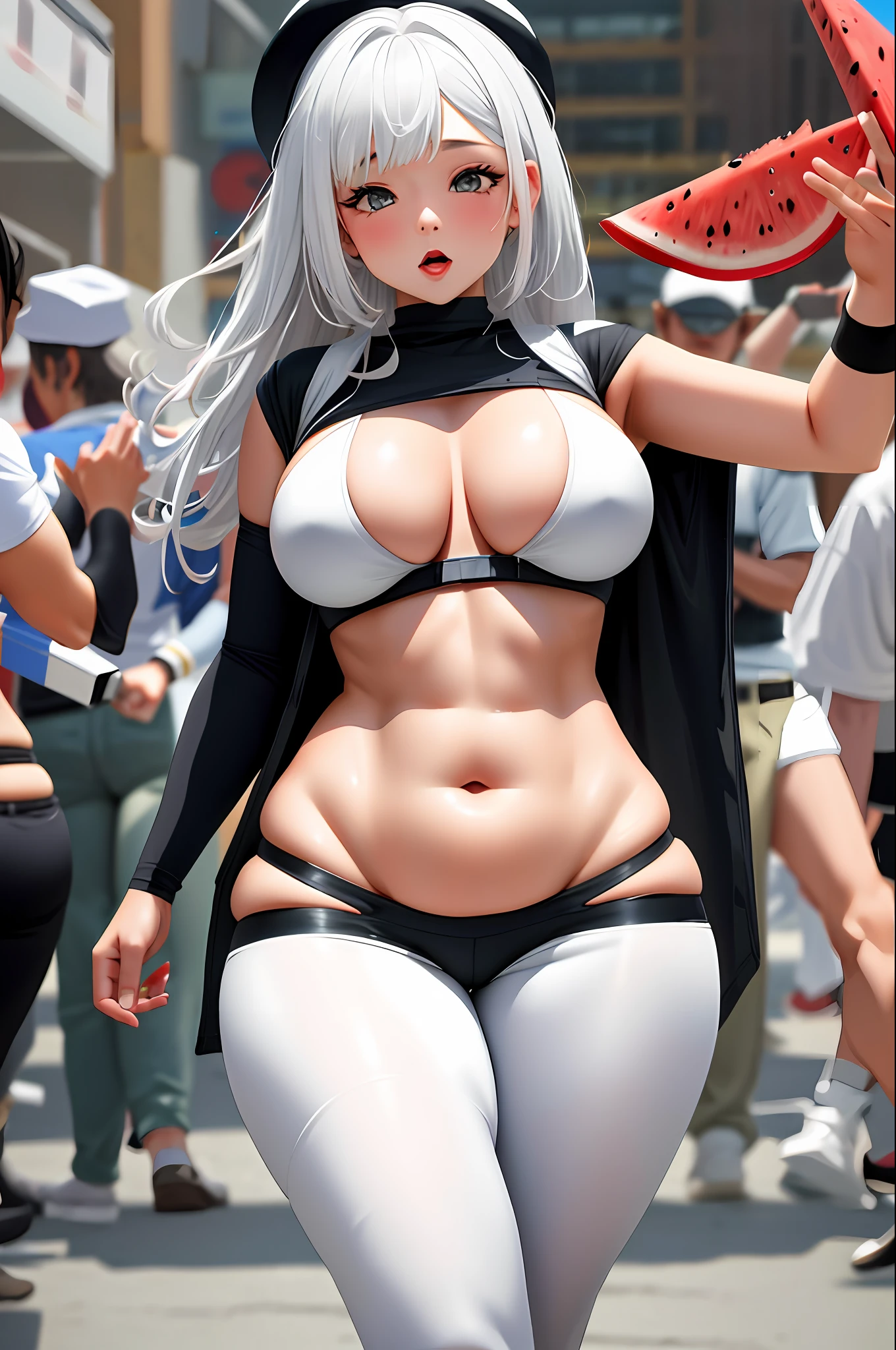 (chubby:1.2), 1girl, white hair, hat, yoga pants, (thick thighs:1.2), big belly, swallowing whole watermelon, crowd of people (best quality), (masterpiece:1.2), 4k ,(ultra detailed:1.2)