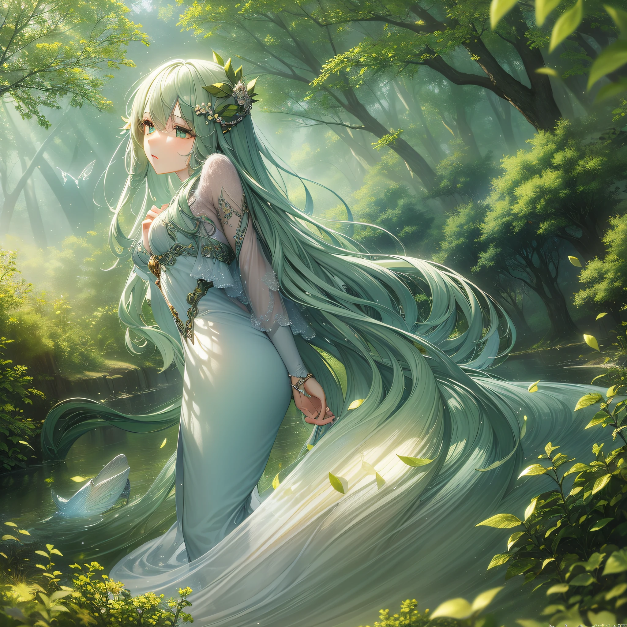 Create images of graceful wind nymphs with mystical features. Include elements such as fluttering costumes, swirling leaves, and a little sunlight streaming through the scene. Soft Air, Photoreal, Masterpiece, Best Quality, Super Detail, HDR, 8K