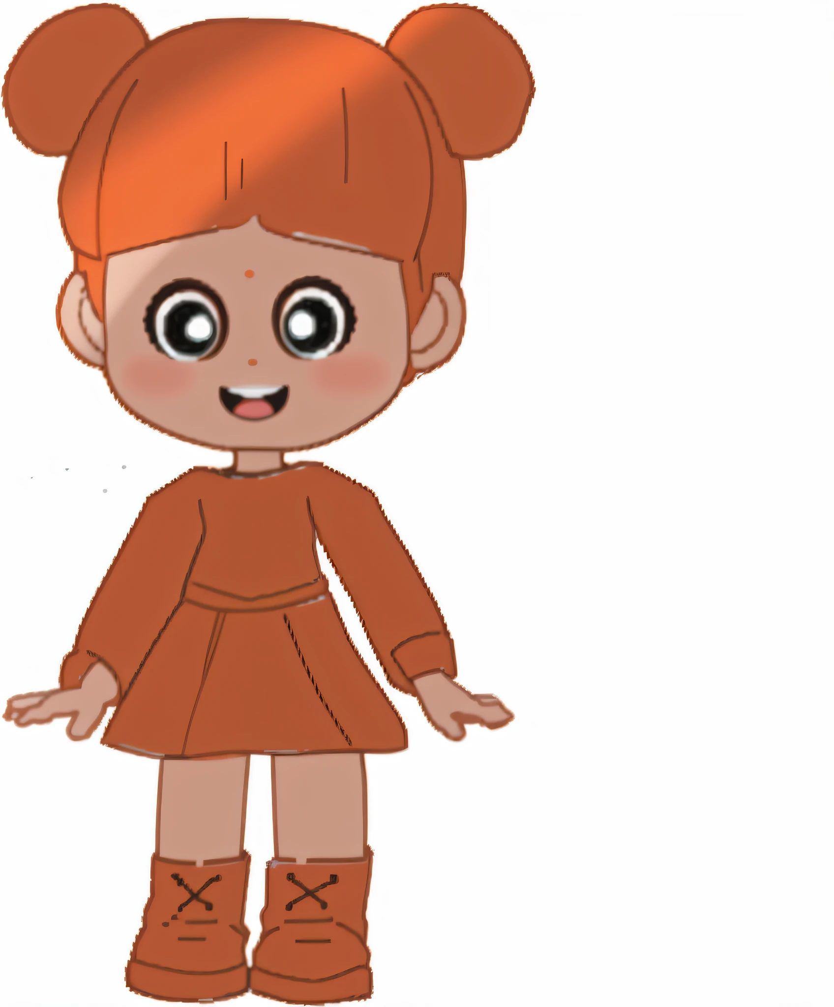 cartoon girl with red hair and brown dress and boots, madeline from celeste, leeloo outfit, animation character, she has long orange brown hair, cartoonish cute, cel shaded!!!, cute character, toon shading, toon - shading, inspired by Kaja Foglio, chibi girl, 🍂 cute, pixie character, chibi, chibi style, merged character --auto --s2