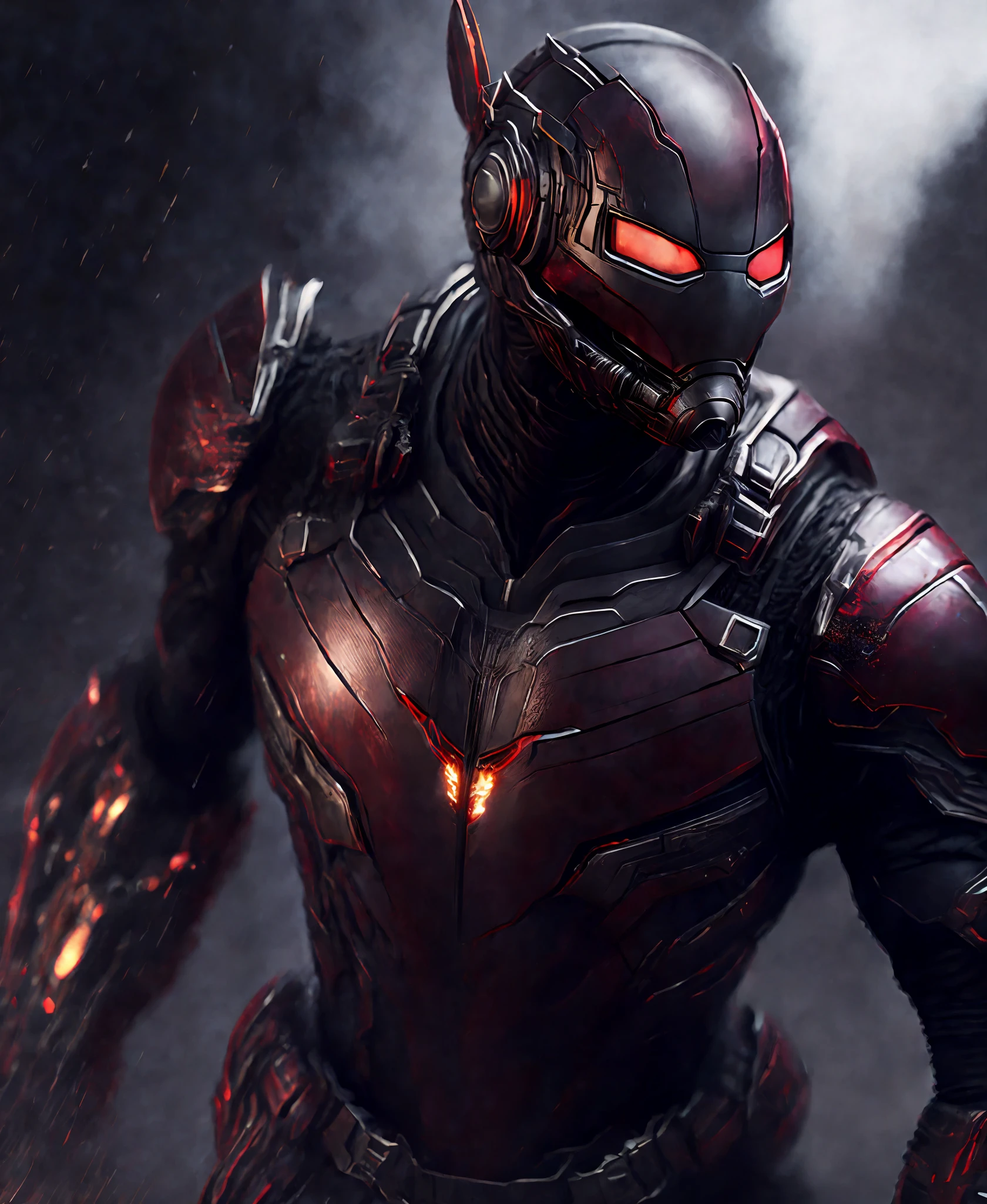 Close-up (Ant-Man from Marvel in Viking style: 1.3) emerging from wet black mud, extremely detailed, smoke, sparks, metal shavings, flying debris, volumetric light