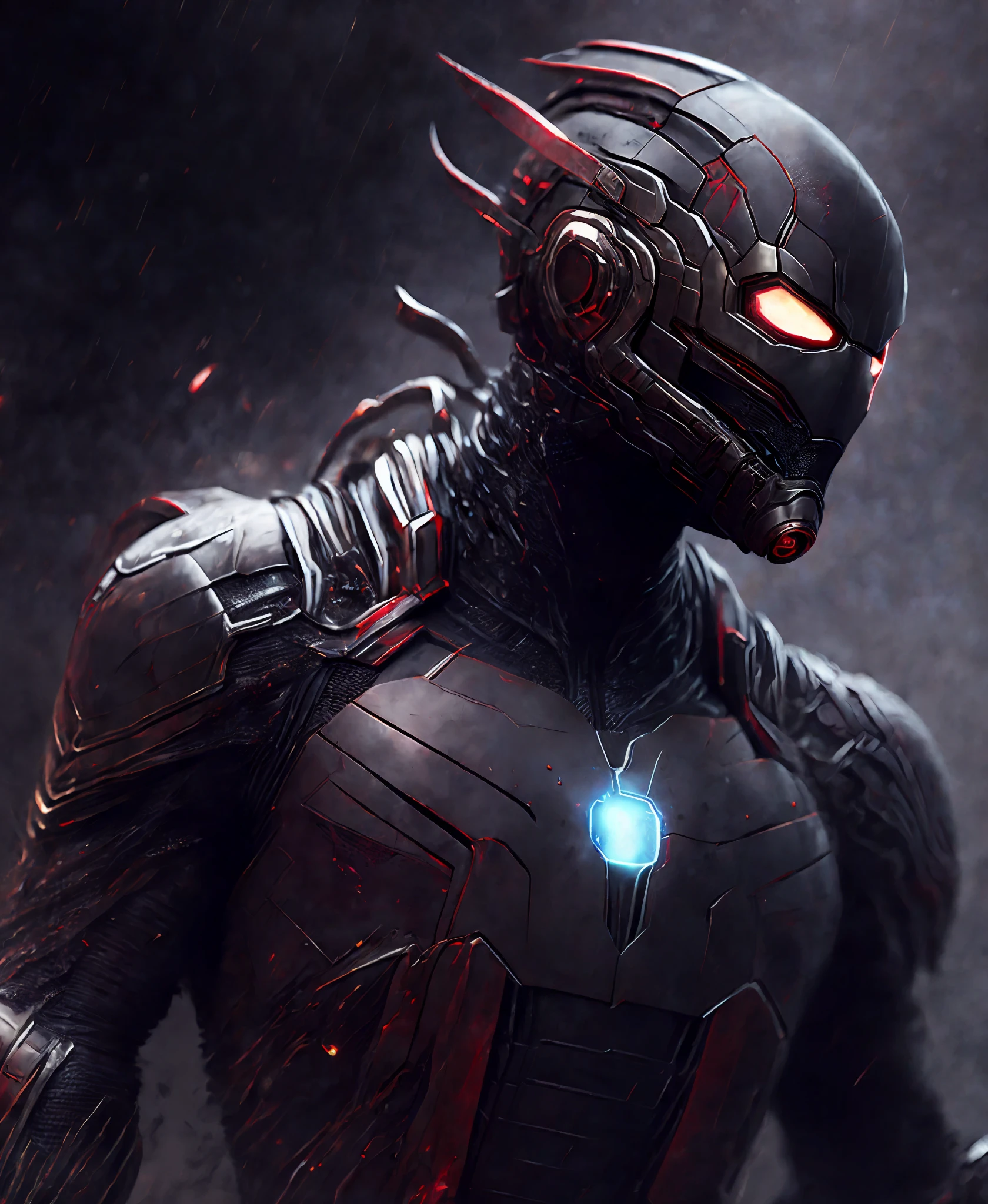 Close-up (Ant-Man from Marvel in Viking style: 1.3) emerging from wet black mud, extremely detailed, smoke, sparks, metal shavings, flying debris, volumetric light
