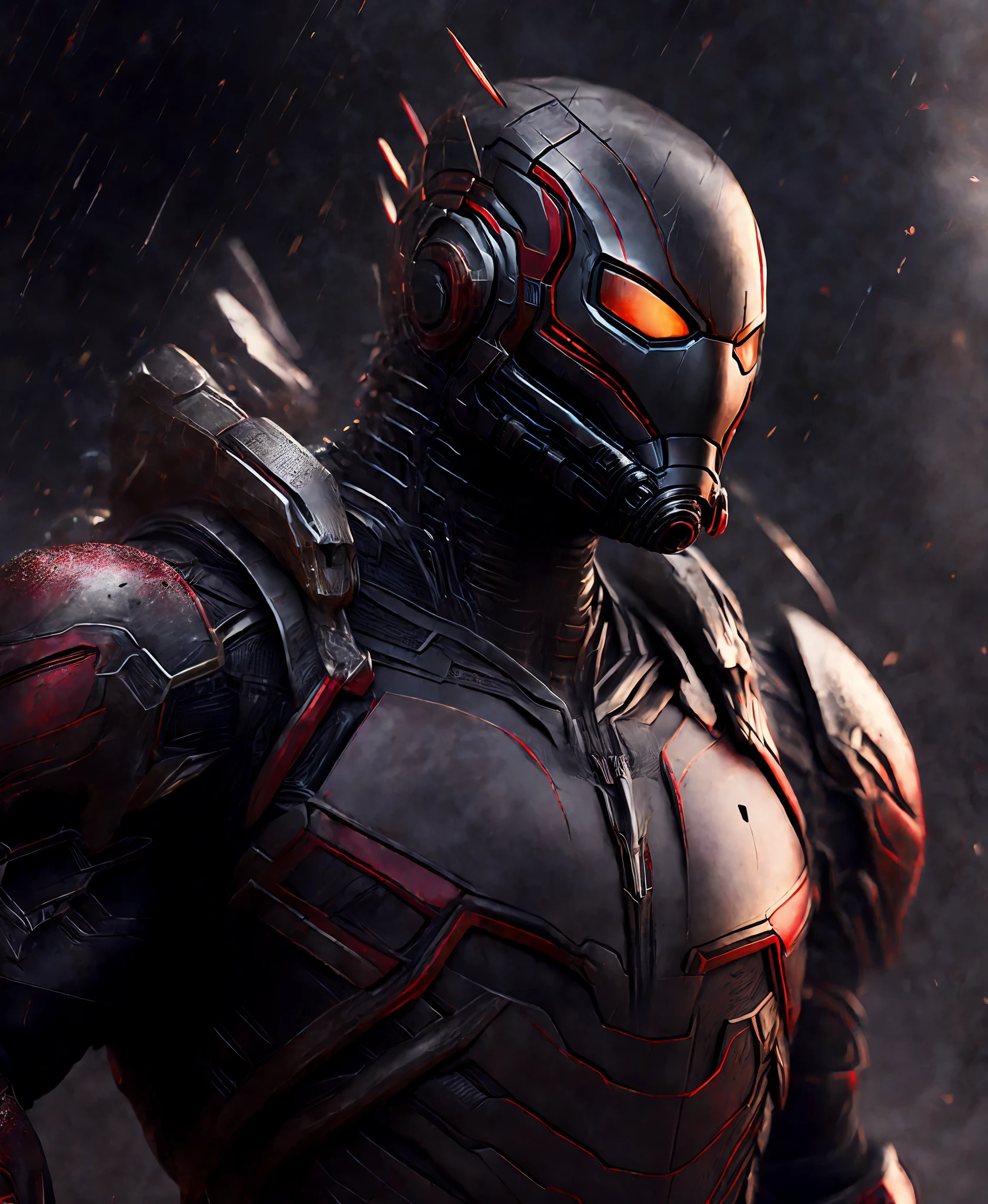 Close-up (Ant-Man from Marvel in Viking style: 1.3) emerging from wet black mud, extremely detailed, smoke, sparks, metal shavings, flying debris, volumetric light