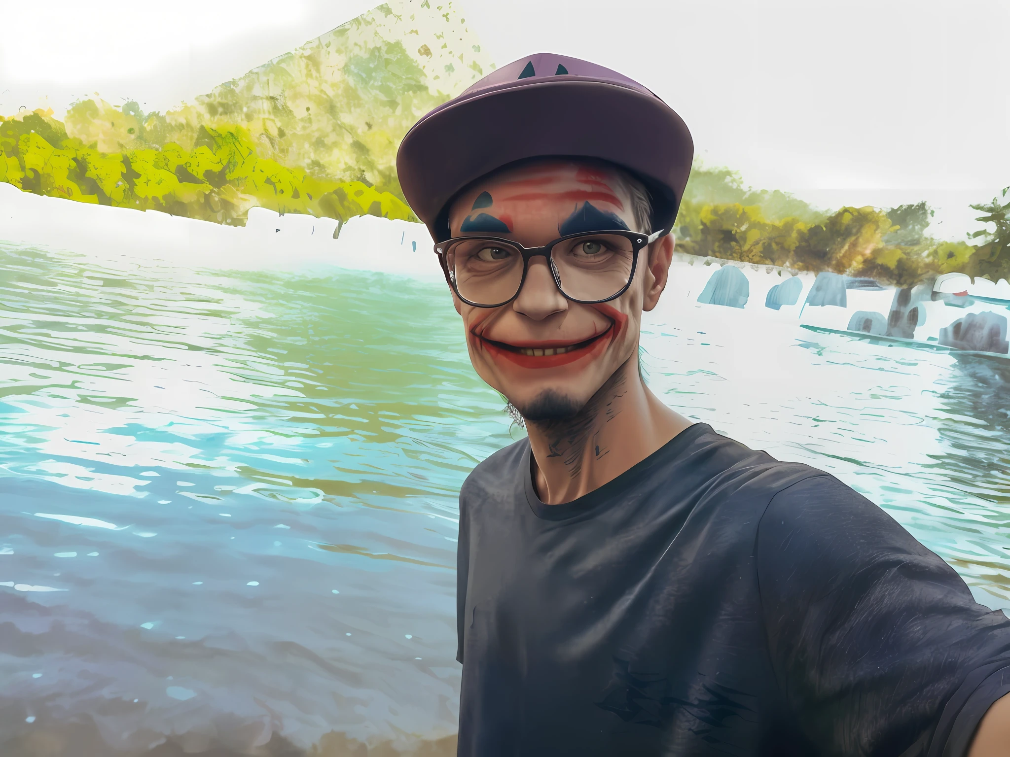 Instantphoto, (mug shot:1.4, A Joker\(Joker 2019\)), solo, natural skin texture, scribbled curls, Camisole, looking at viewer, batman tattoo, creepy smile, realistic photo, horror, absurd, vibrant details, finely detailed, wide angle, masterpiece, best quality