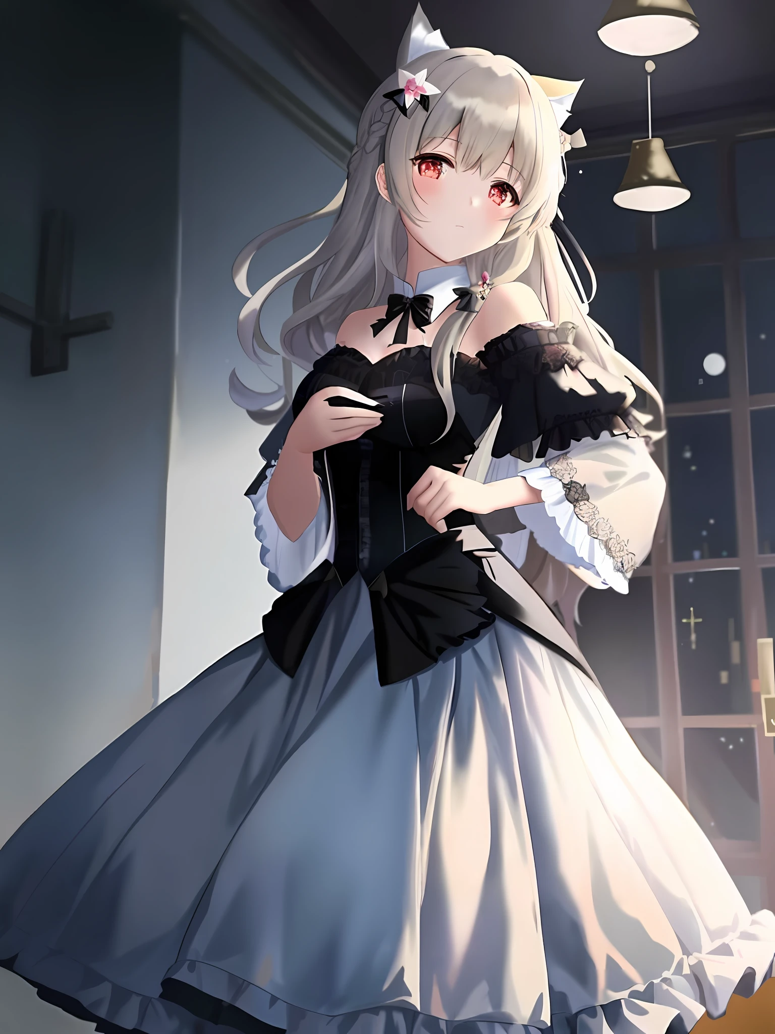 anime girl in a dress with a cat ears and a bow, loli in dress, cute anime waifu in a nice dress, anime girl wearing a black dress, fine details. girls frontline, from girls frontline, girls frontline style, guweiz on pixiv artstation, guweiz on artstation pixiv, anime girl in a maid costume