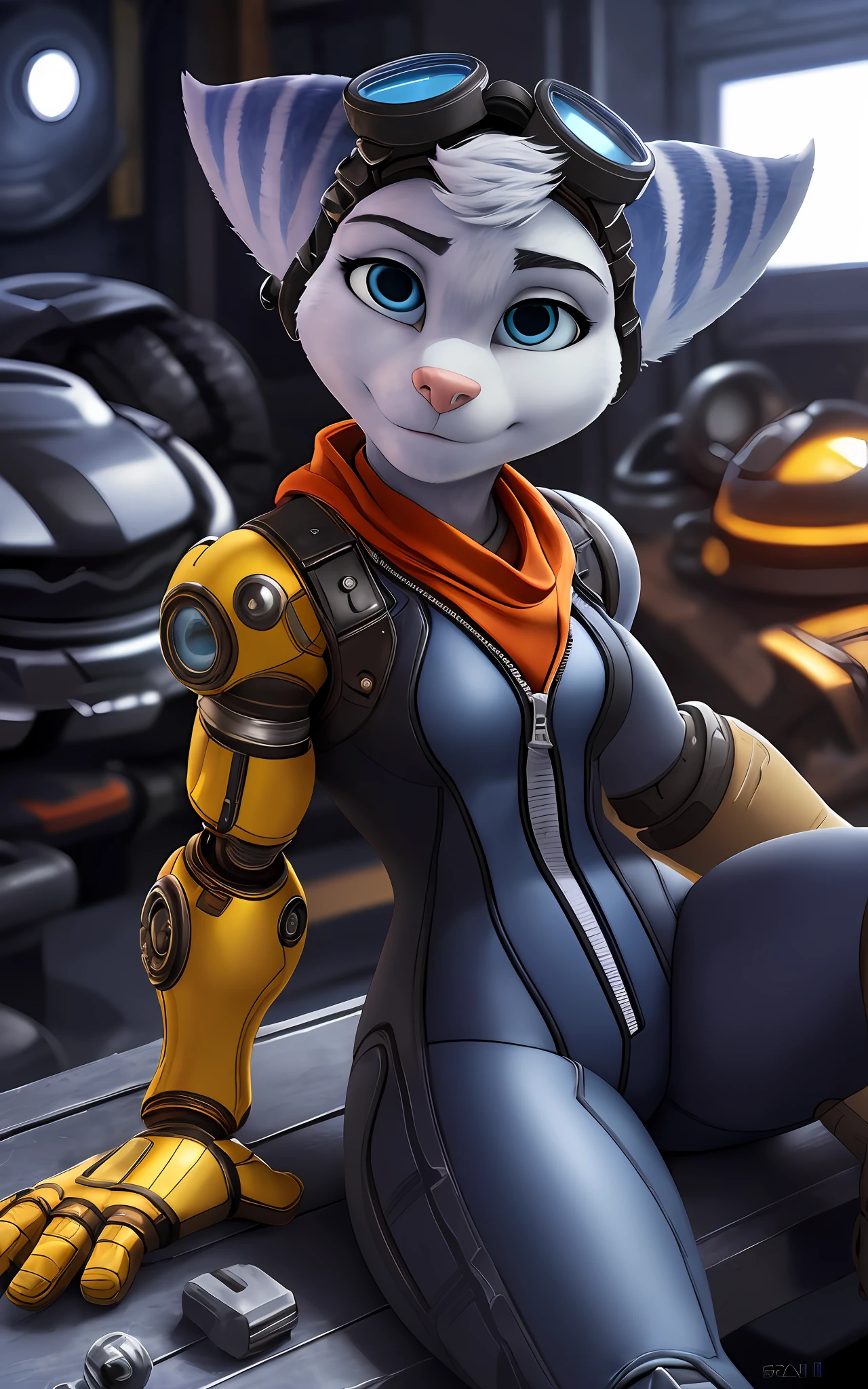 [rivet from Dreamworks ratchet and clank], [Uploaded to e621.net; (mayosplash), (Pixelsketcher)], ((masterpiece)), ((solo portrait)), ((1girl)), ((raw photo)), ((full body)), ((furry; antrhopromorphic)), ((detailed fur)), ((raytracing; reflective surfaces)), ((detailed shading)), ((beautiful render art)), ((cel shading)), ((nighttime lighting)), {anthro lombax; (grey fur, pink nose, pointed ears), round blue eyes, seductive gaze), (grey and blue skintight zip-up suit; grey lining, orange scarf, goggles on head), small boobs, camel toe), (yellow prosthetic arm; RIGHT arm)}, ((laying on table; legs spread, hands on chest), attractive pose), [background; ((mechanic shop; gears and machinery), starry night sky, full moon)]