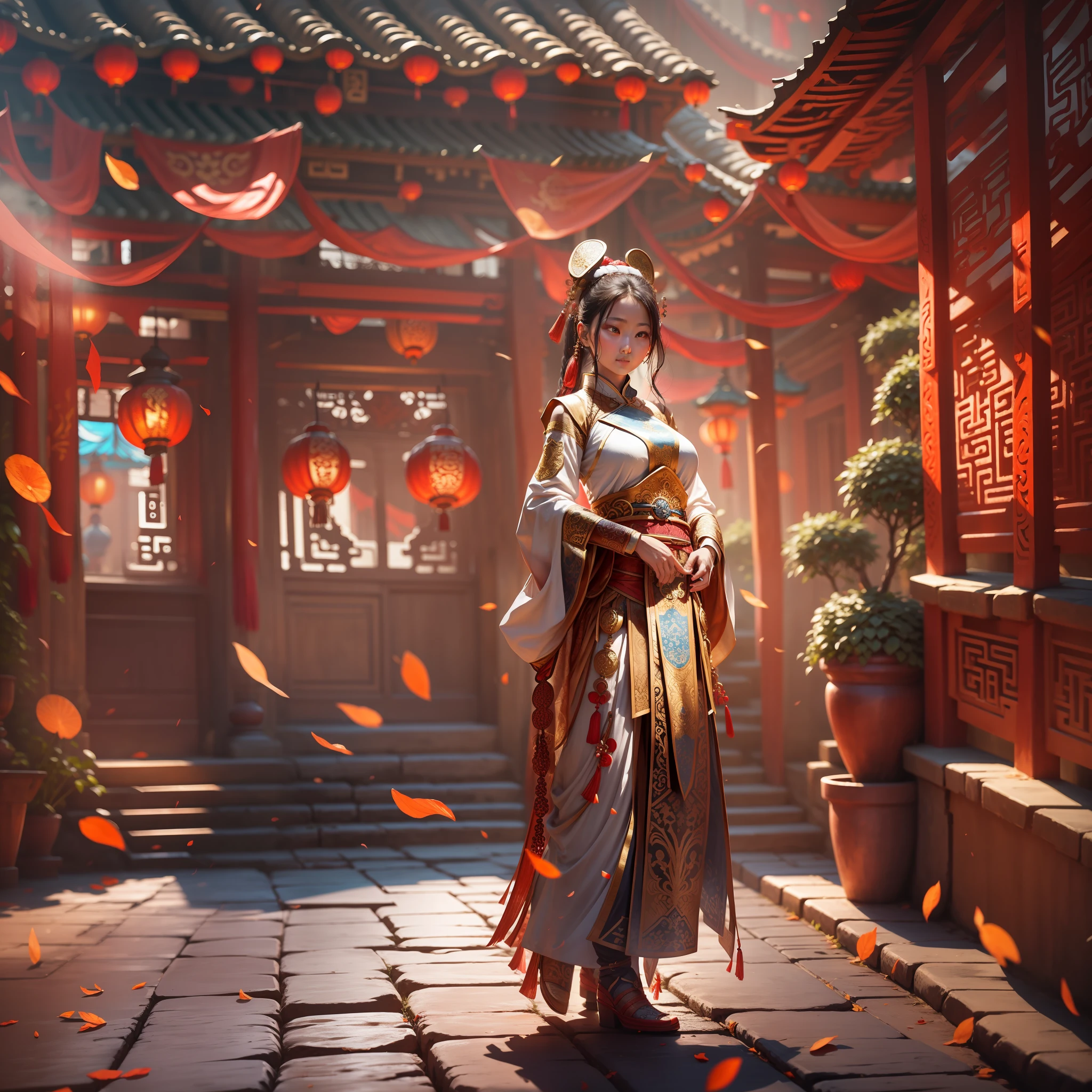 A beautiful woman dressed in ancient costume and Han costume dances in a Chinese courtyard building