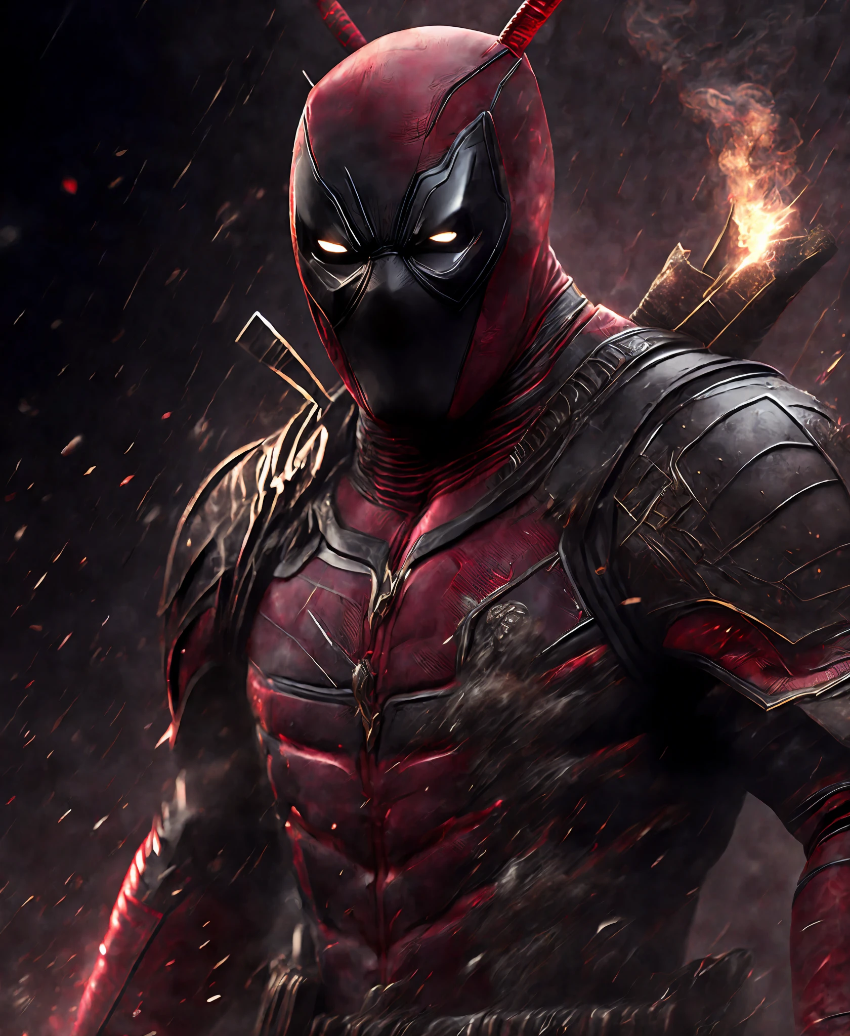 Close-up (Deadpool from Marvel in Viking style: 1.3) emerging from wet black mud, extremely detailed, smoke, sparks, metal shavings, flying debris, volumetric light
