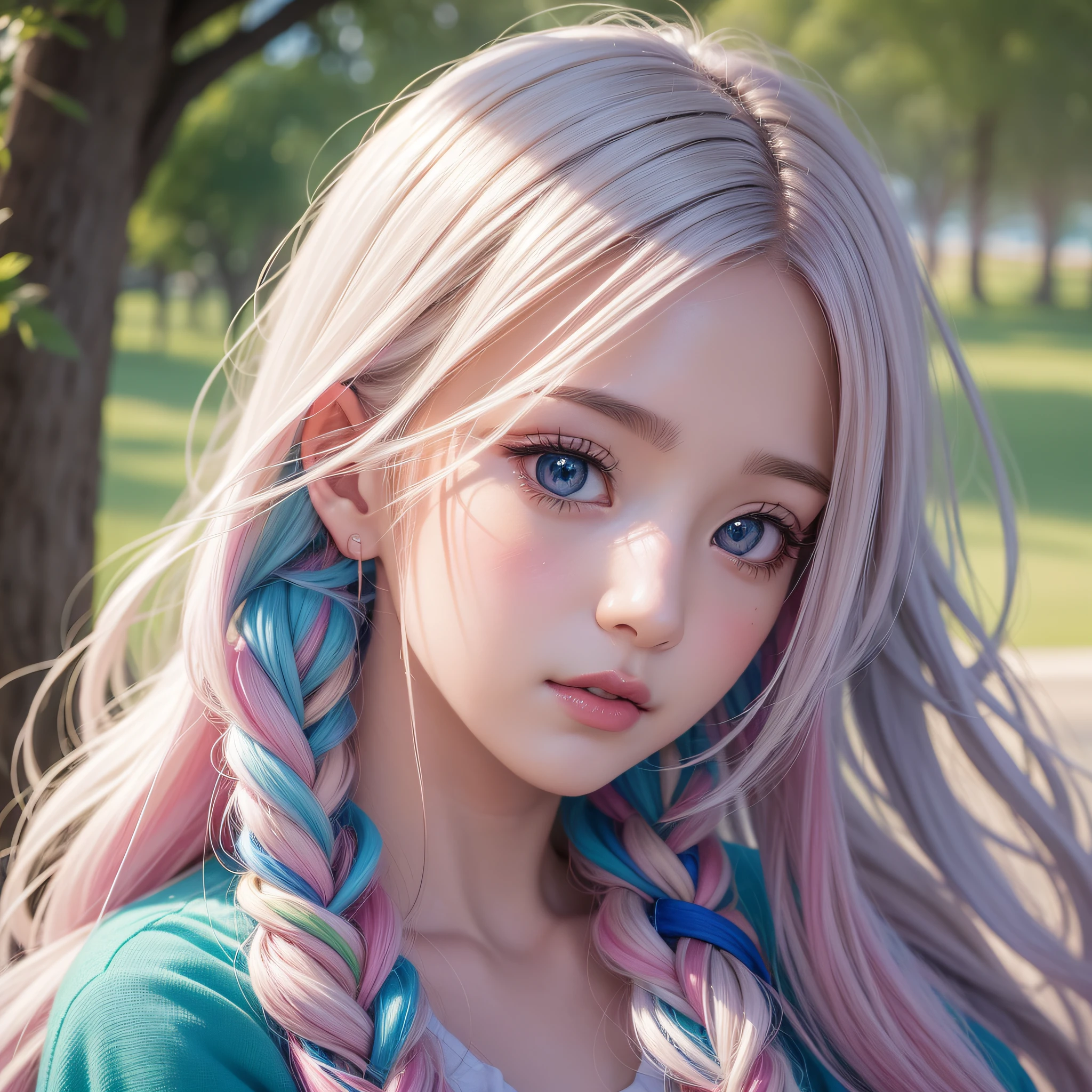 Close-up of a woman with long hair, colorful hair, kawaii realistic portrait, upper body portrait, front face shot, colorful braids, realistic hair, beautiful anime style, pure white background, white short sleeves, simple pattern on clothes, realistic anime art style, beautiful anime portrait, realistic anime art style, anime style. 8k, stunning anime face portrait, colorful]", vibrant fantasy style, cute art style, vibrant realistic color, anime realism style, beautiful anime girl, character as core, digital art, realistic style, live-action CG, colorful headband, live-action CG, sweet style, film style, HD 4K