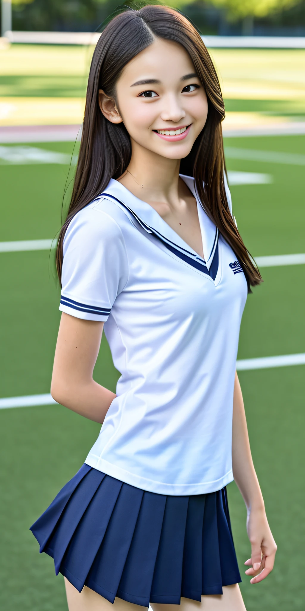 neat college girl, petite, (school uniform, Y-shirt, summer clothes), outside the athletic field, (slim), photorealistic, detail, skin texture, ultra detail, delicate and sexy collarbone, smile, super detailed face, detailed lips, detailed eyes, double eyelids, small breasts, small breasts, small, flat breasts, breast enhancement