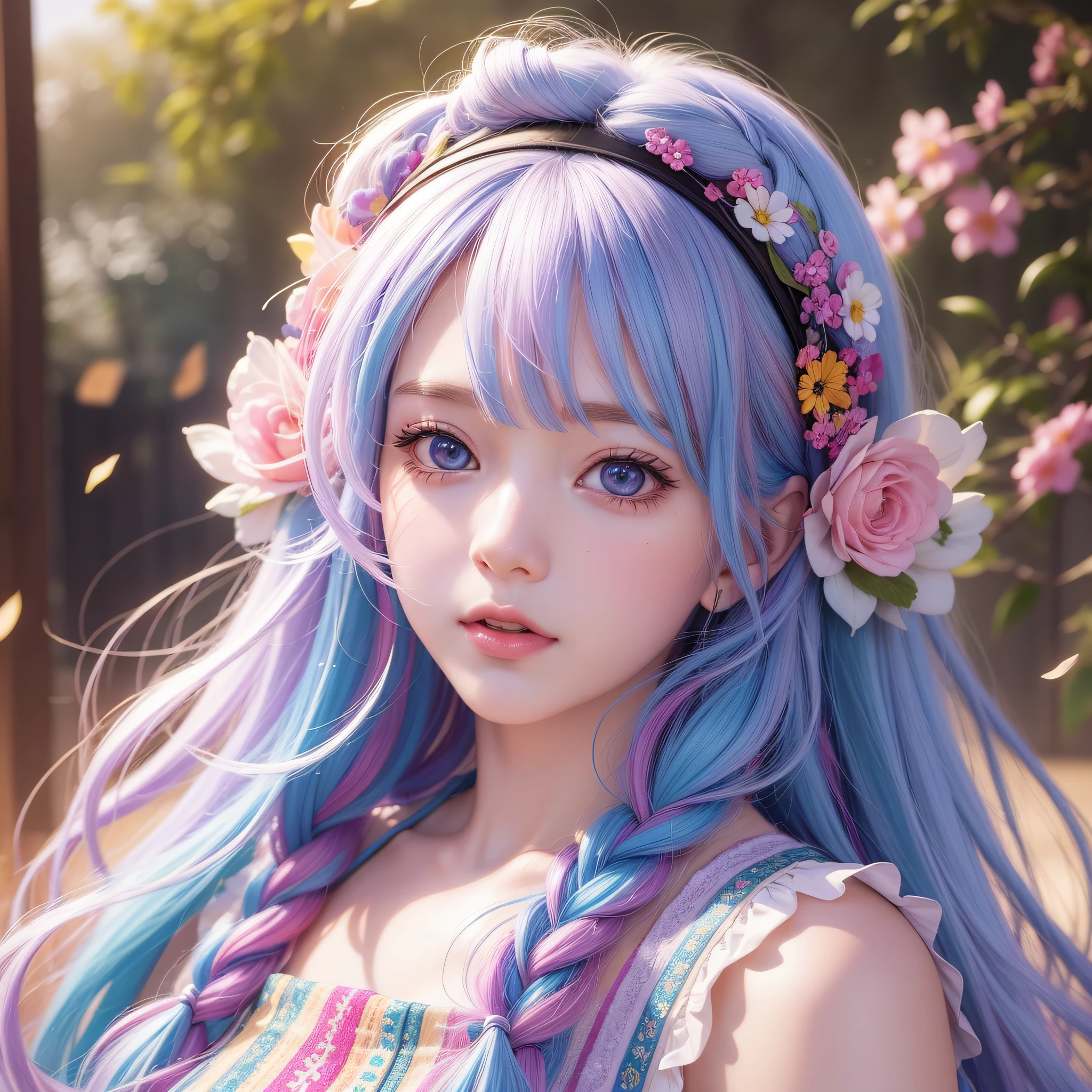 Close-up of a woman with long hair, colorful hair, kawaii realistic portrait, upper body portrait, front face shot, colorful braids, realistic hair, beautiful anime style, pure white background, white short sleeves, simple pattern on clothes, realistic anime art style, beautiful anime portrait, realistic anime art style, anime style. 8k, stunning anime face portrait, colorful]", vibrant fantasy style, cute art style, vibrant realistic color, anime realism style, beautiful anime girl, character as core, digital art, realistic style, live-action CG, colorful headband, live-action CG, sweet style, film style, HD 4K