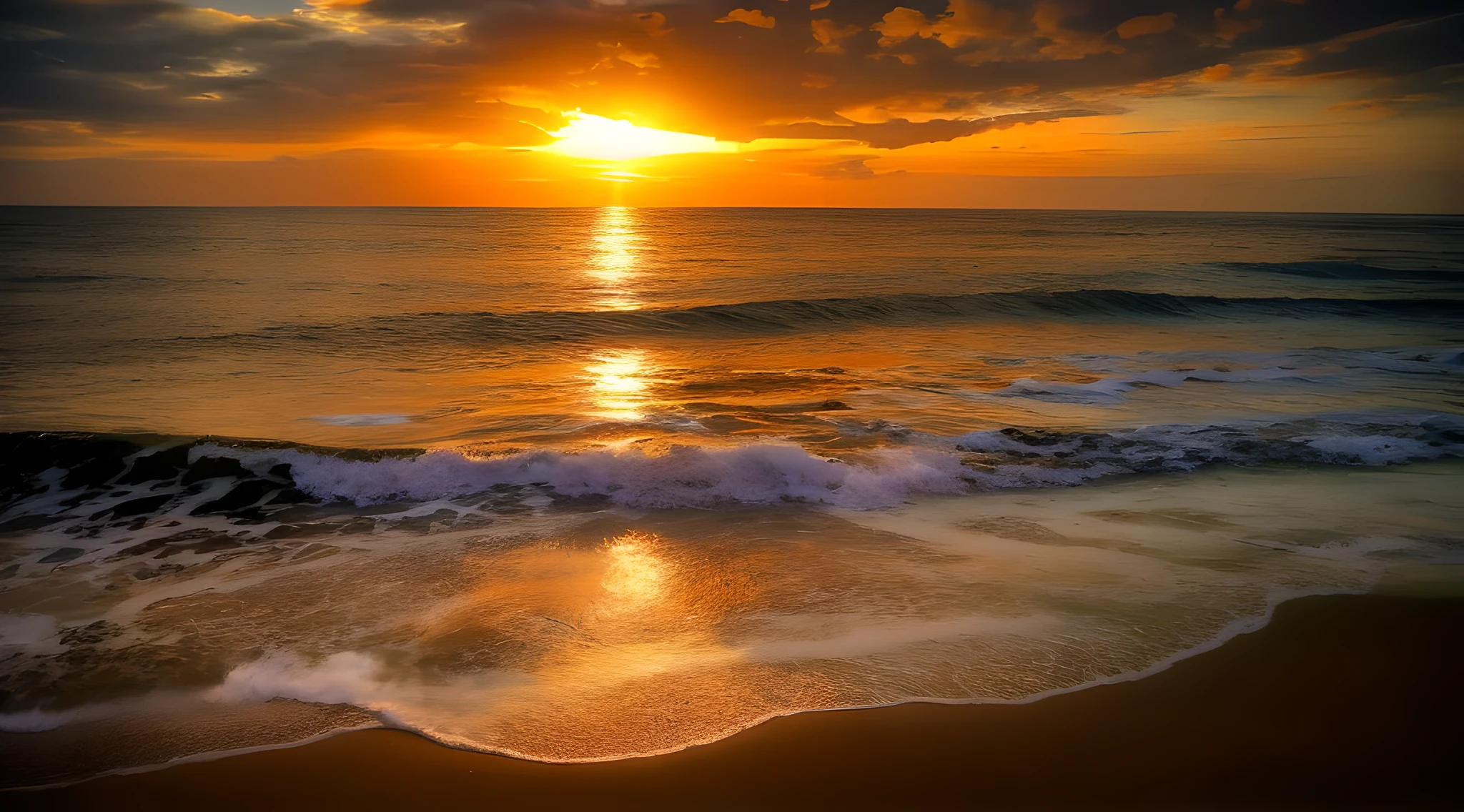 arafed view of a sunset over the ocean with waves, which shows a beach at sunset, sunset at the beach, the most beautiful sunset, beach sunset background, sunset on the beach, golden sunset, on the beach during sunset, at the beach on a sunset, golden hour time, at the golden hour, warm beautiful scene, at a beautiful sunset