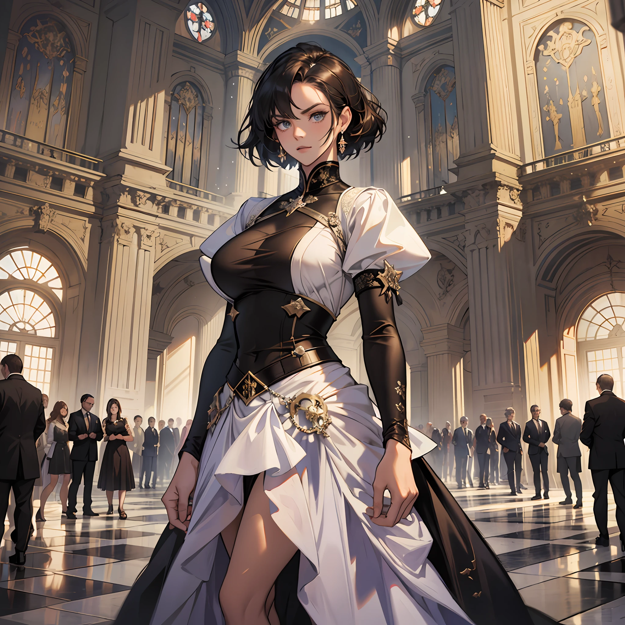 Masterpiece, Superb Class, Modern City, (Office: 1.8), CG drawing with super high detail, standing, 1 royal sister, angry, a woman with short tan hair, layered dress, hands crossed, facing the audience, illustration, wide-angle panorama