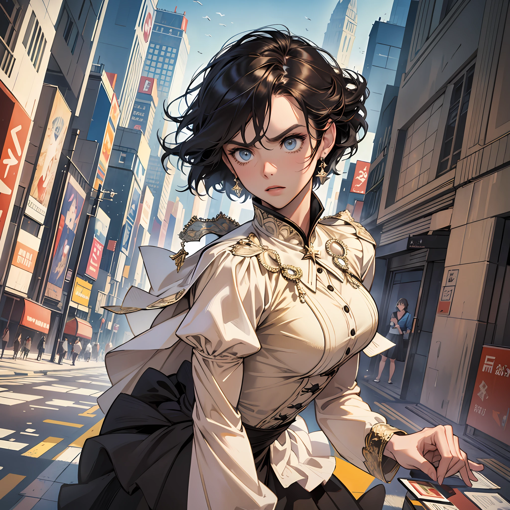 Masterpiece, Superb Class, Modern City, (Office: 1.8), CG drawing with super high detail, standing, 1 royal sister, angry, a woman with short tan hair, layered dress, hands crossed, facing the audience, illustration, wide-angle panorama