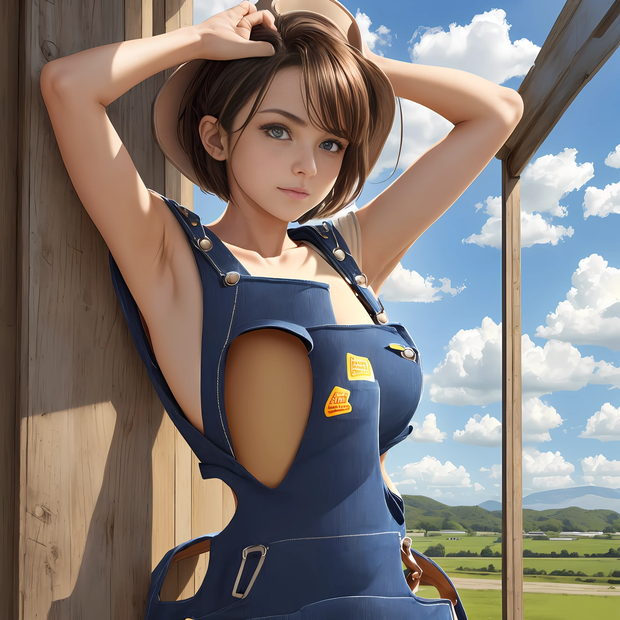 (realistic,RAW photo,4K,beautiful, masterpiece, best quality, extremely detailed face, perfect lighting:1.3), 1girl, solo,19 yo,(huge breasts,gigantic breasts:1.2),outdoor,blue sky,(only overalls:1.8),kawaii,short hair,brown hair,bare,long,big,pink pretty,pointy breasts,large areolae,nipple slip from overalls,public hair,nsfw,female armpit hair:1.7,(152cm,slim body:1.4) --auto --s2