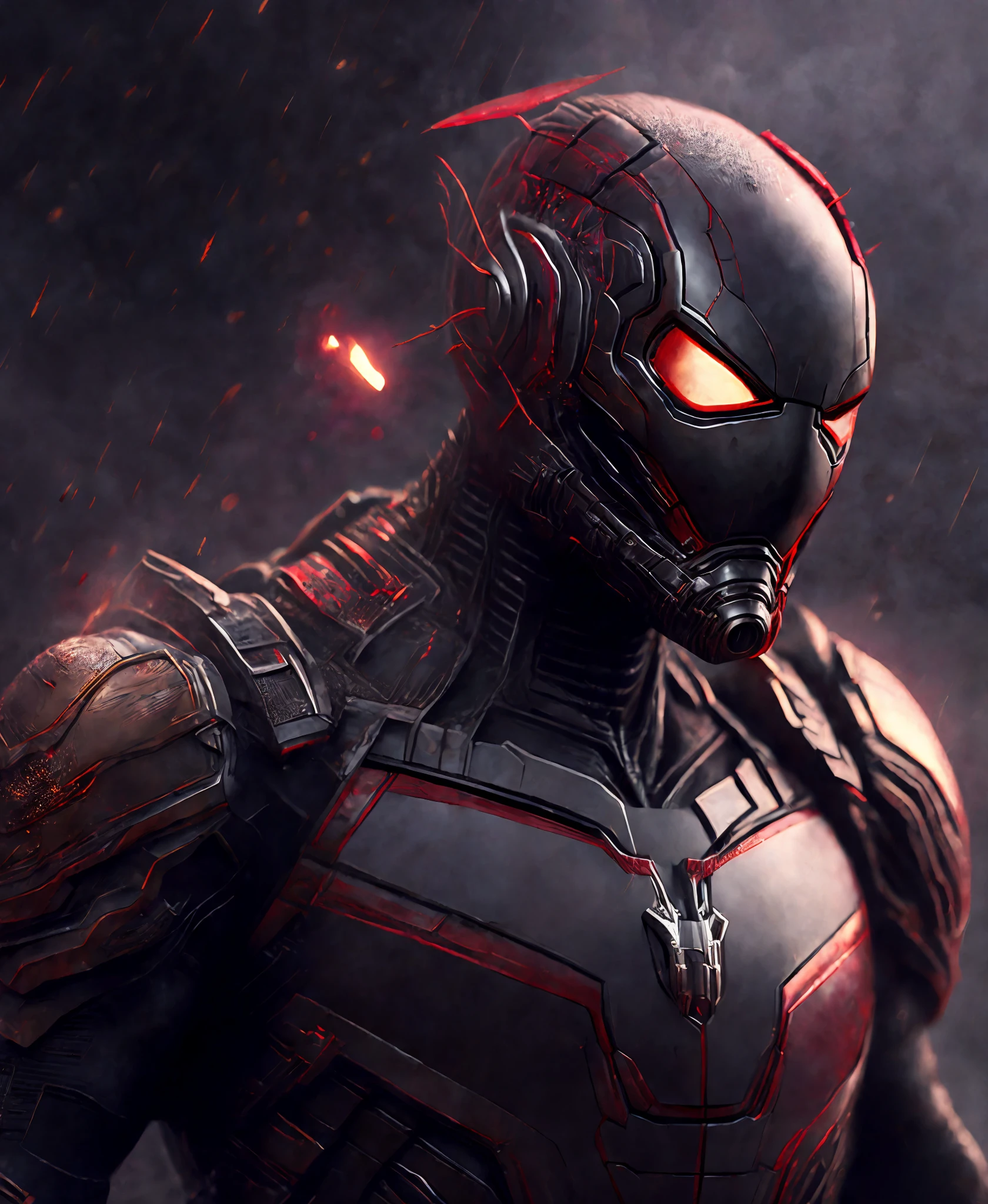 Close-up (Ant-Man from Marvel in Viking style: 1.3) emerging from wet black mud, extremely detailed, smoke, sparks, metal shavings, flying debris, volumetric light
