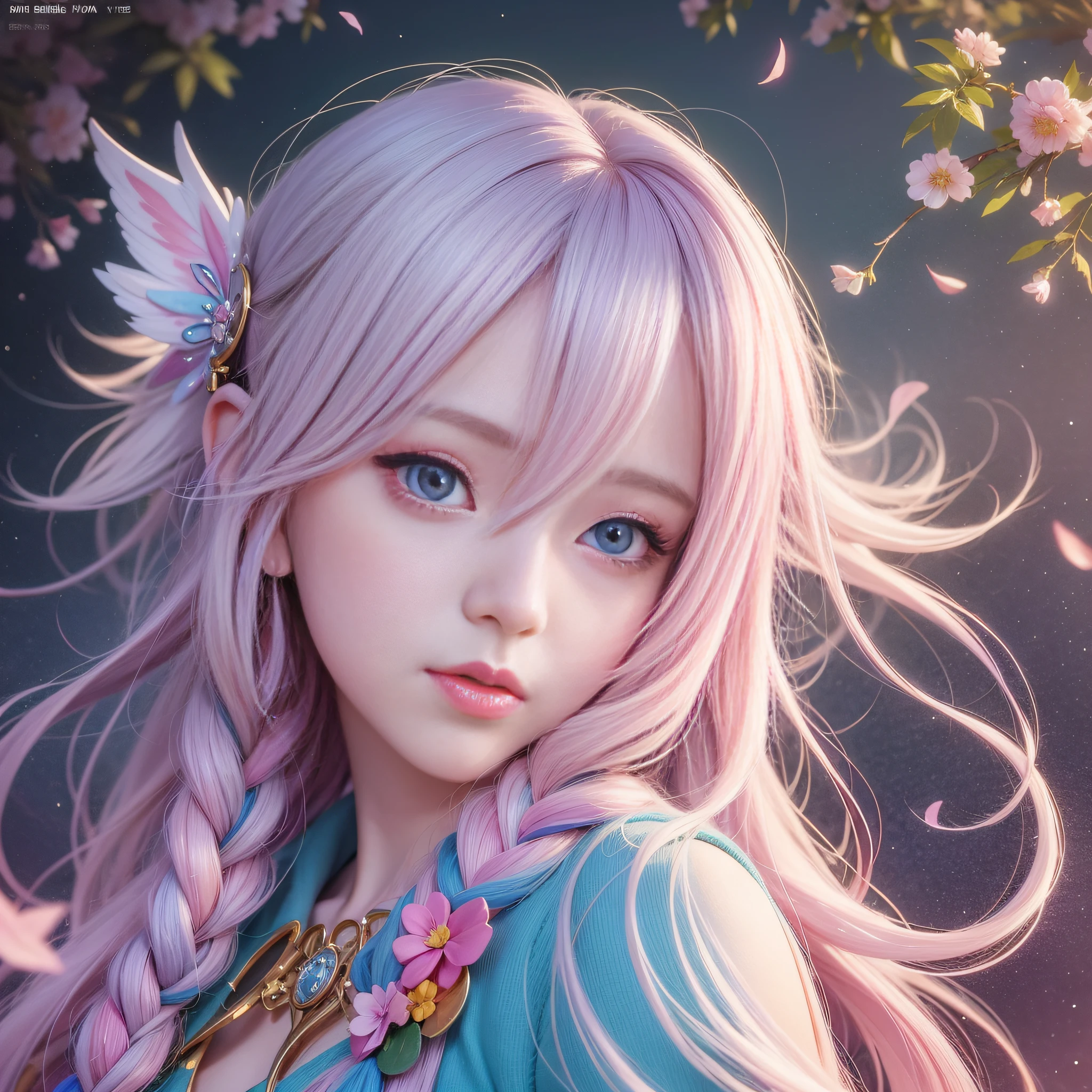 Close-up of a woman with long hair, colorful hair, kawaii realistic portrait, upper body portrait, front face shot, colorful braids, realistic hair, beautiful anime style, pure white background, white short sleeves, simple pattern on clothes, realistic anime art style, beautiful anime portrait, realistic anime art style, anime style. 8k, stunning anime face portrait, colorful]", vibrant fantasy style, cute art style, vibrant realistic color, anime realism style, beautiful anime girl, character as core, digital art, realistic style, live-action CG, colorful headband, live-action CG, sweet style, film style, HD 4K
