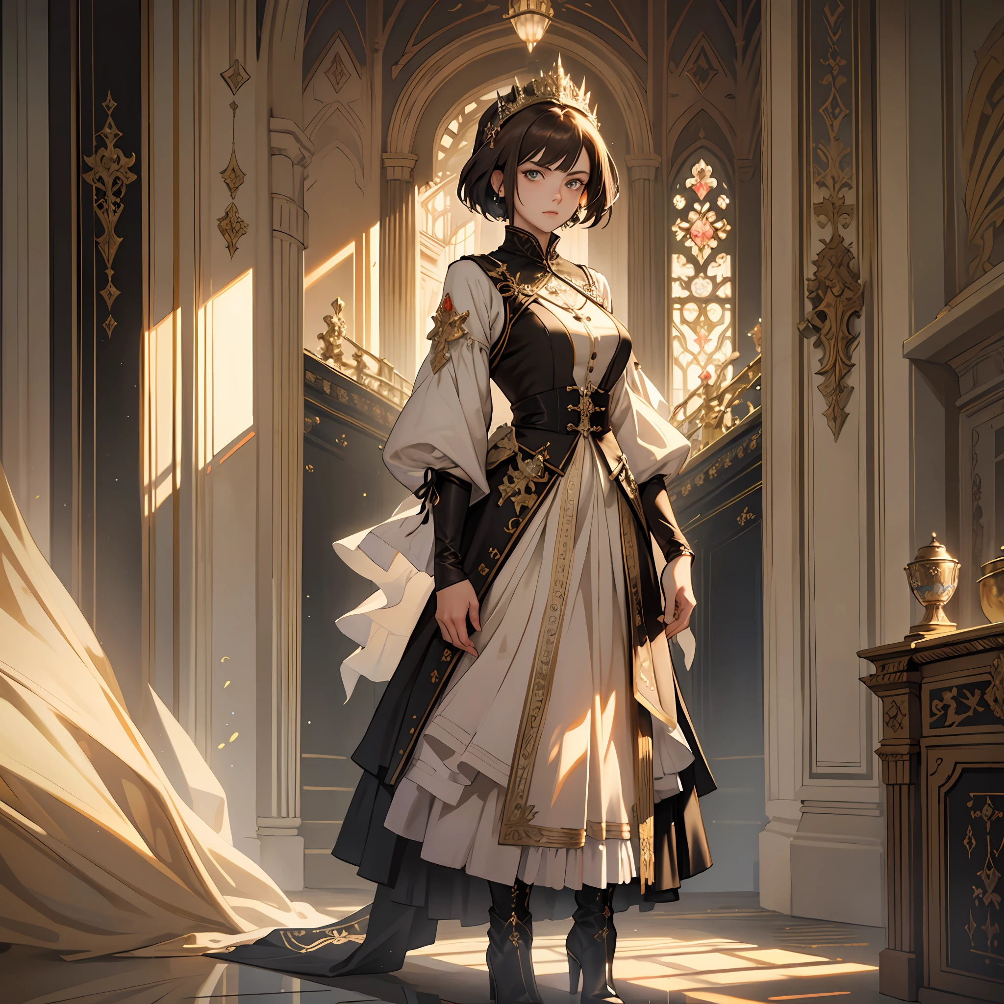 Masterpiece, Excellent, (Office: 1.8), CG drawing with super high detail, standing, 1 royal sister, angry, a woman with short tan hair, layered dress, hands crossed, facing the audience, illustration, wide-angle panorama