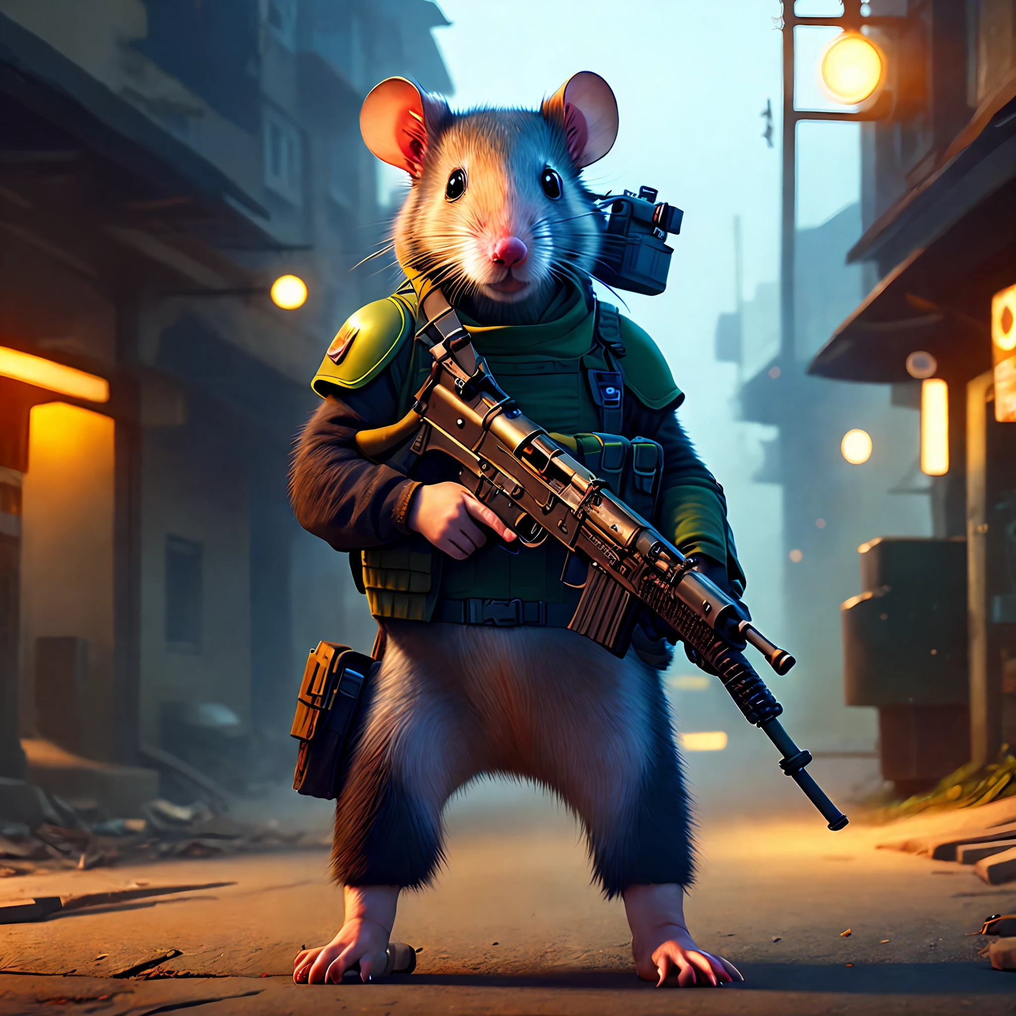 a military rat with a machine gun walking  with a baby by an abandoned street, front view, key lighting, soft lights, foggy, 8 k render, detailed, cute cartoon style, warhammer 40k