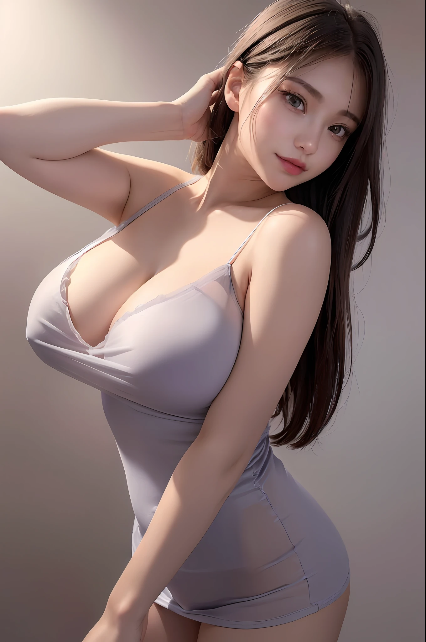 photo of a 18 y.o girl, beautiful vintage color, instagram (photorealistic, high resolution:1.4), ((puffy eyes)), looking at viewer, , full body (8k, RAW photo, best quality, masterpiece:1.2), (realistic, photo-realistic:1.37), (sharp focus:1.2), professional lighting, photon mapping, radiosity, physically-based rendering, (pale skin:1.2), (big breasts:1.2), looking at viewer, (middle hair:1.5), portrait, purple eyes, (sliver hair:1.1), bangs, (simple background:1.4), solo, upper body, realistic, (masterpiece:1.4), (best quality:1.4), (shiny skin), fashion girl, makeup, smile(skinny, closed mouth,shy:1.3), (sheer slip cami:1.5513), (standing:1.1), medium bust, sexy pose, (NSFW:1.2),
