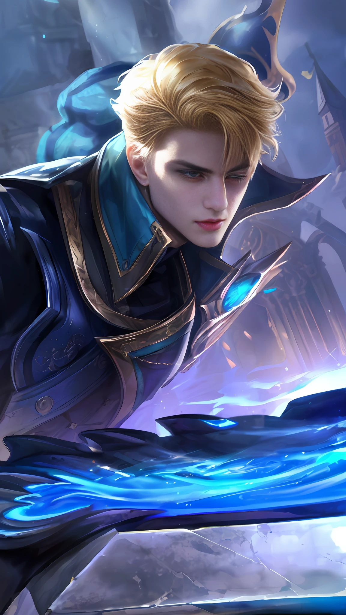 (Absurdres, Intricate Details, Masterpiece, Best Quality, High Resolution, 8k), 1 male, thin, young, aged up, masked, finely detailed eyes and face, auburn low-fade hair, amber eyes, portrait, looking at viewer, solo, half shot, detailed background, (light fantasy theme:1.1), focusing, mercenary, sunshine, floating scraps, color plate armor, divine aura, bright realistic lighting, marble castle, intense atmosphere, circlet, coat of arms, brazier, , Depth of Field, VFX. wear an eyepatch, open eyes