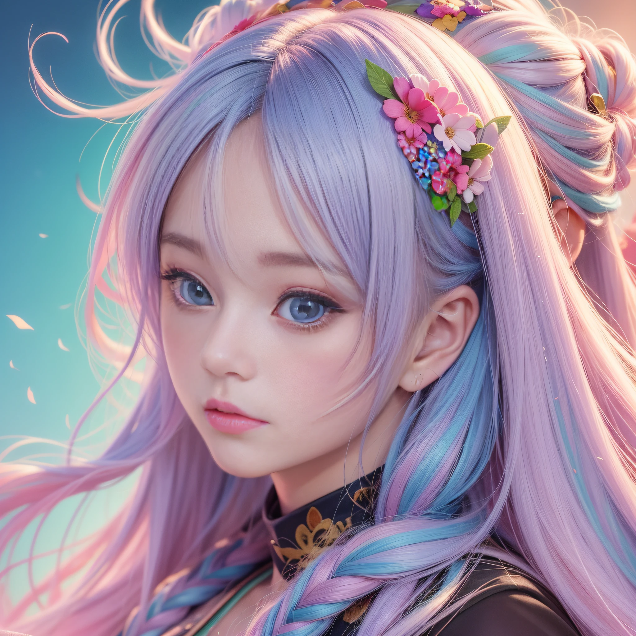 Close-up of a woman with long hair, colorful hair, kawaii realistic portrait, upper body portrait, front face shot, colorful braids, realistic hair, beautiful anime style, pure white background, white short sleeves, simple pattern on clothes, realistic anime art style, beautiful anime portrait, realistic anime art style, anime style. 8k, stunning anime face portrait, colorful]", vibrant fantasy style, cute art style, vibrant realistic color, anime realism style, beautiful anime girl, character as core, digital art, realistic style, live-action CG, colorful headband, live-action CG, sweet style, film style, HD 4K, ink painting 0.3, watercolor painting 0.4