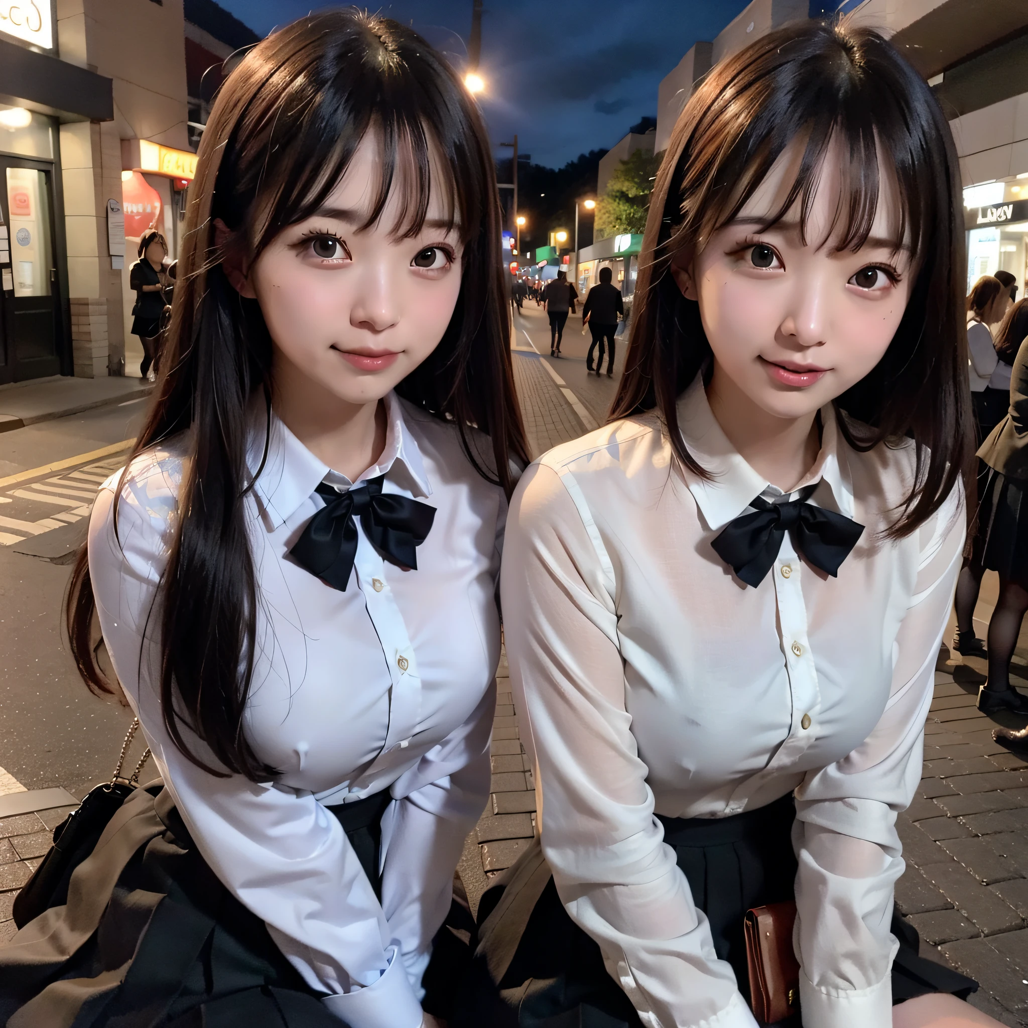 There is a woman who is on the street with a bag, Ulzzang, (8k, RAW photo, best quality, masterpiece: 1.2), (realistic, photo-realistic: 1.37), ultra-detailed, 1 girl, beautiful, solo, beautiful detailed sky, detailed coffee, night, sitting, dating, (flushed nose), (smile: 1.1), (closed mouth), medium breasts, beautiful detailed eyes, (collared shirt: 1.1), bow tie, pleated skirt, sneezing,
