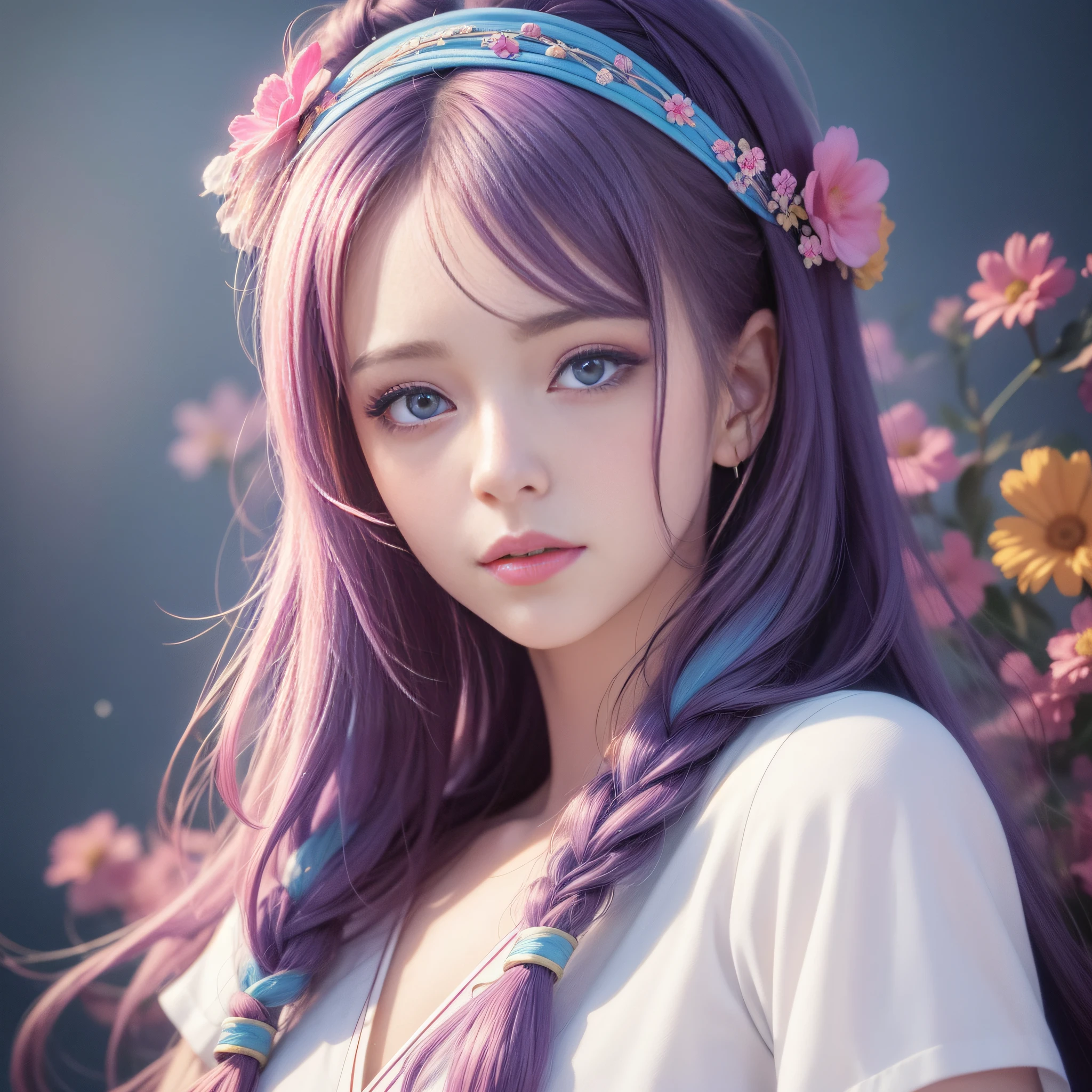 HD 4K, 8K, Film Style, Mild Sunlight, Ink Painting 1.3, Watercolor Painting 1.4, Sweet Style, Close-up of a woman with long hair, Colorful hair, Kawaii realistic portrait, Upper body portrait, Waist above photo, Front face photo, Colorful braids, // After rendering blue to 40% progression, start rendering red [blue:red:0.4], realistic hair, beautiful anime style, pure white background, white short sleeves, simple pattern on clothes, realistic anime art style, beautiful anime portrait, realistic anime art style, anime style. Stunning anime face portraits, colorful]", vibrant fantasy style, cute art style, vibrant realistic colors, anime realism style, beautiful anime girls with characters as core, digital art, realistic style, live-action CG, colorful headband,