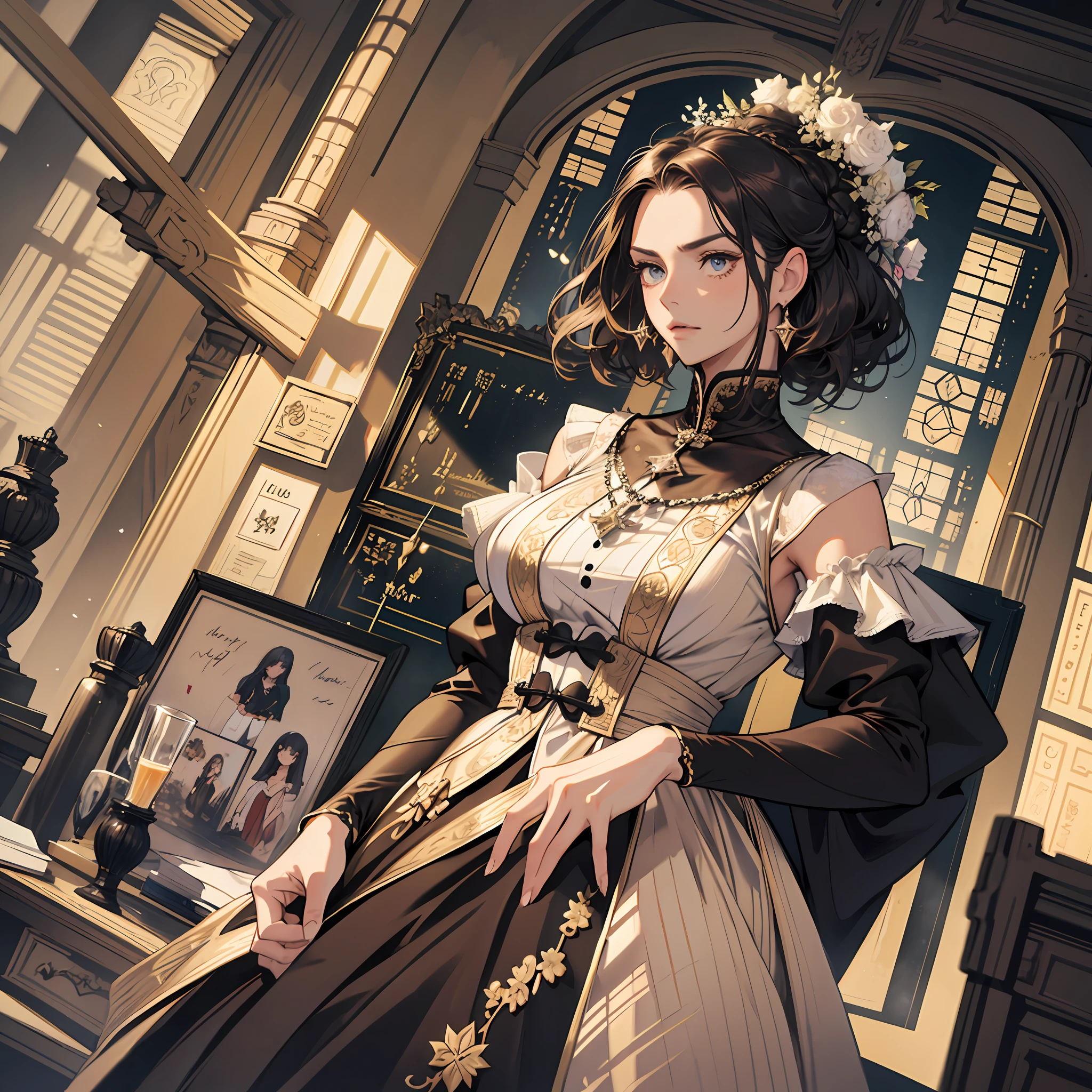 Masterpiece, Excellent, (Office: 1.8), CG drawing with super high detail, standing, 1 royal sister, angry, a woman with short tan hair, layered dress, hands crossed, facing the audience, illustration, wide-angle panorama