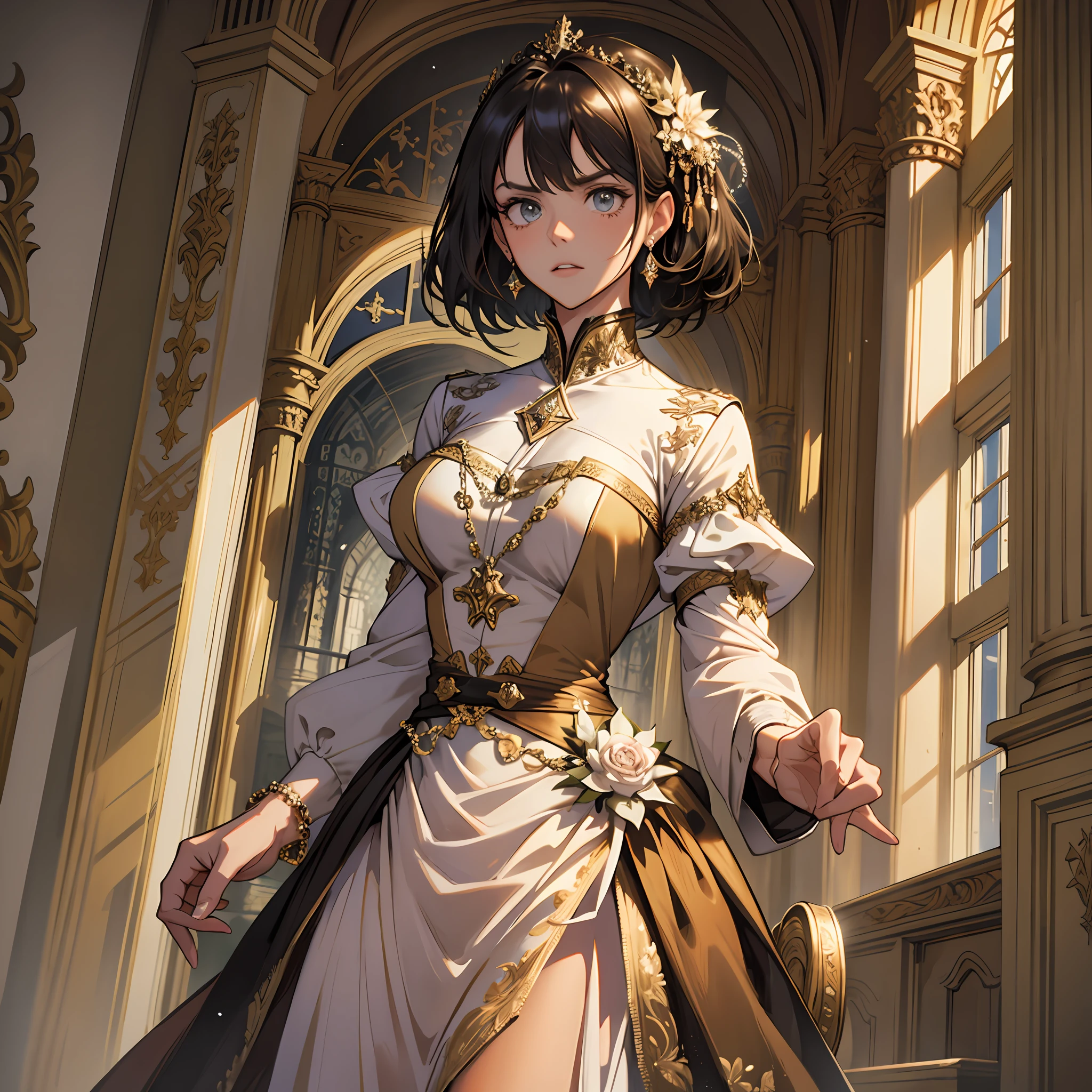 Masterpiece, Excellent, (Office: 1.8), CG drawing with super high detail, standing, 1 royal sister, angry, a woman with short tan hair, layered dress, hands crossed, facing the audience, illustration, wide-angle panorama