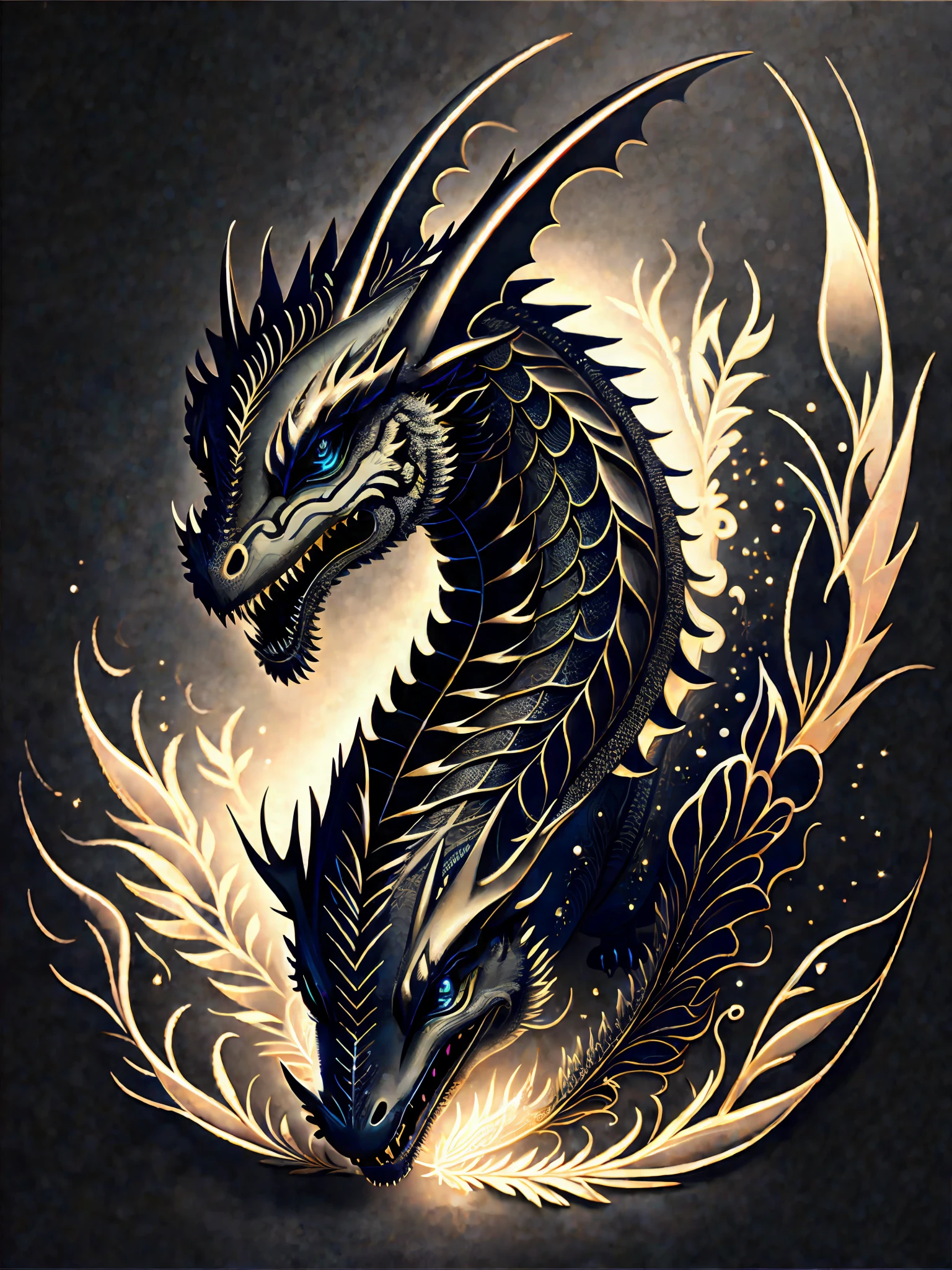 Dragon illustration on black background, breathtaking rendering, within luminous connection, elegant and beautiful, enchanting, bright flash, flash casting