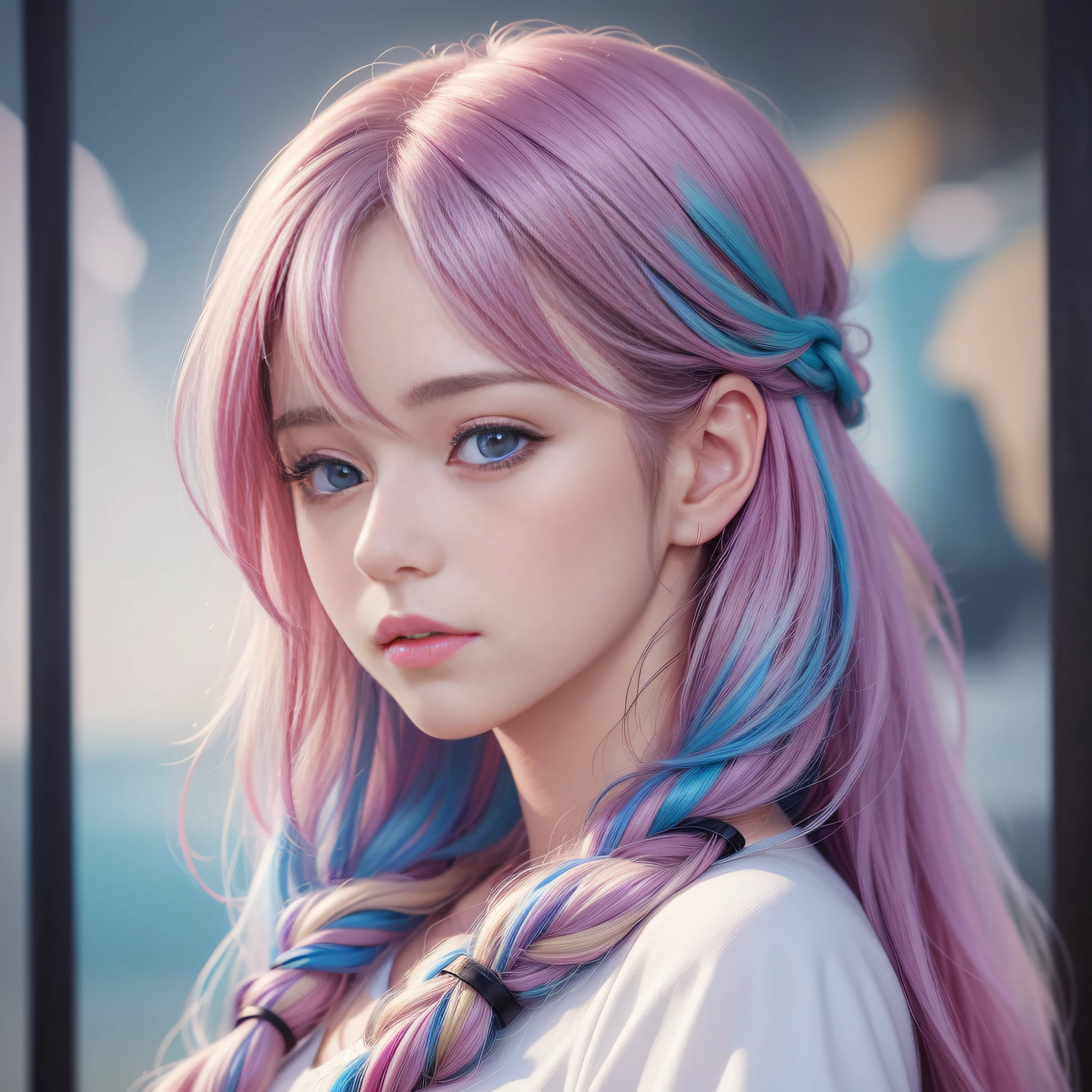 HD 4K, 8K, Film Wind, Mild Sunlight, Ink Painting 10.3, Watercolor 10.4, Sweet Style, Close-up of a woman with long hair, Colorful hair, Kawaii realistic portrait, Upper body portrait, Waist up photo, Front face photo, Colorful braids, // After rendering blue to 40% progress, start rendering red [blue:red:0.4], realistic hair, beautiful anime style, pure white background, white short sleeves, clothes on Simple pattern, realistic anime art style, beautiful anime portrait, realistic anime art style, anime style. Stunning anime face portraits, colorful]", vibrant fantasy style, cute art style, vibrant realistic colors, anime realism style, beautiful anime girls with characters as core, digital art, realistic style, live-action CG, colorful headband,