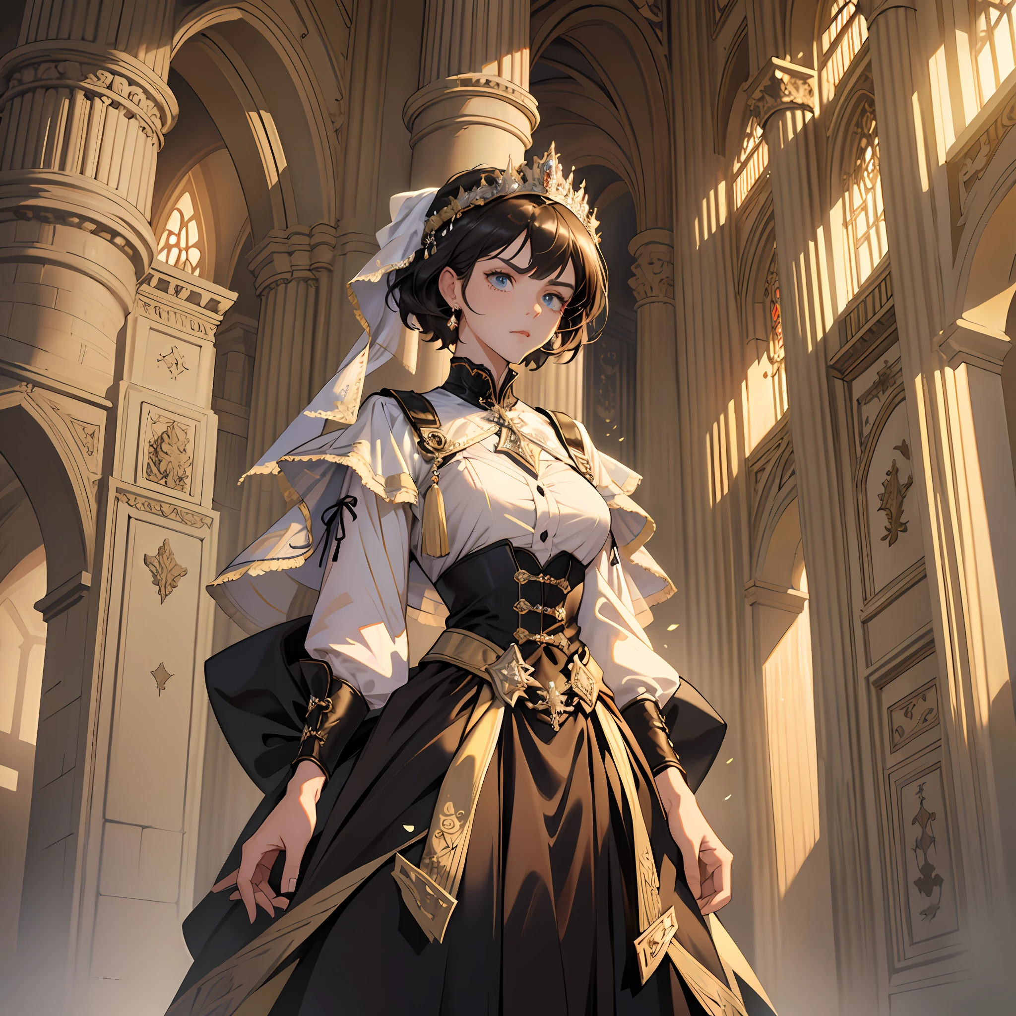 Masterpiece, Excellent, (Office: 1.8), CG drawing with super high detail, standing, 1 royal sister, angry, a woman with short tan hair, layered dress, hands crossed at waist, facing the audience, illustration, wide angle panorama