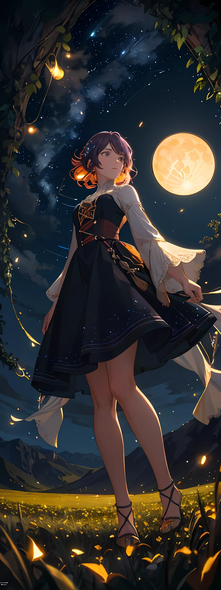 Vast landscape photo, (viewed from below, the sky is above and the open field is below), a girl standing on a flower field looking up, (full moon: 1.2), (meteor: 0.9), (nebula: 1.3), distant mountains , Trees BREAK Crafting Art, (Warm Light: 1.2), (Fireflies: 1.2), Lights, Lots of Purple and Orange, Intricate Details, Volumetric Lighting, Realism BREAK (Masterpiece: 1.2), (Best Quality), 4k, Ultra-Detailed, (Dynamic Composition: 1.4), Very Detailed, Colorful Details, (Rainbow Colors: 1.2), (Glow Lighting, Atmospheric Lighting), Dreamy, Magical, (Solo: 1.2)