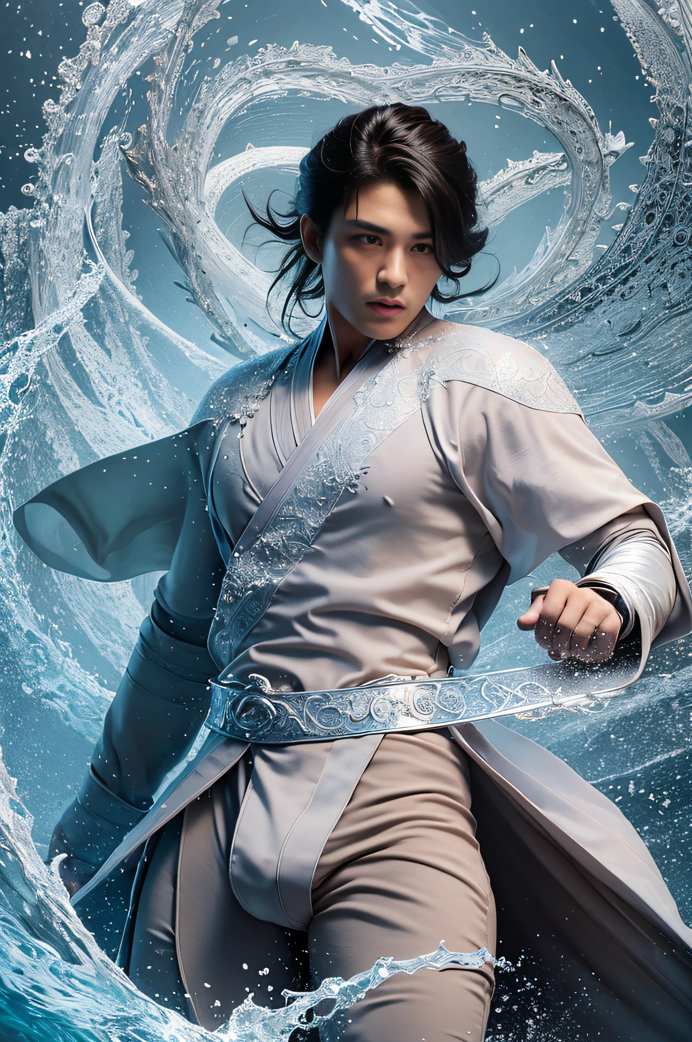 Best quality, masterpiece, super high resolution, hanfu, jade water book, black hair, water, waves, crashing waves, spells, fa gong, (absurd, high resolution, super detailed), Asian, 1 male, eighteen-year-old boy, handsome, tall muscular man, broad shoulders, very short hair, bottom cut, dark brown eyes, fine eyes and detailed face, extremely detailed CG Unity 8k wallpaper, intricate details, (Style Swirl Magic: 0.7), Looking at the Audience, Solo, (Full Body: 0.6), Detailed Background, Detailed Face, (European Medieval Fantasy Theme: 1.1), Hair Fluttering in the Wind, Martial Artist, Dynamic Pose, Fighting Stance, Clenched Fists, Fingerless Gauntlet, Wristband, Dragon-themed Costume, Monk Robe, , Rotating Floating Particles, Dynamic Composition, Upper Body Naked, Big Muscles, White Rubber Pants, ((((crotch bulge))))