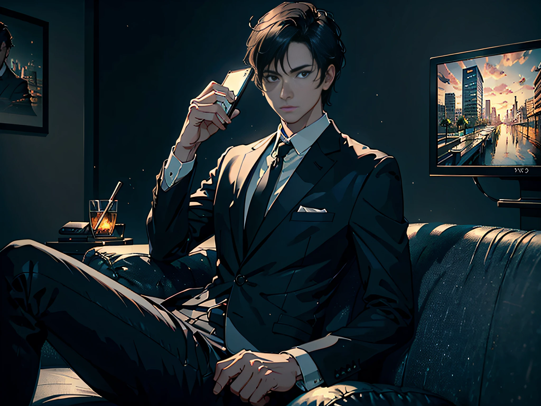 ((Masterpiece)), ((Best Quality)), 8K, HD, Super Detail, (Man), (Call 1.8 with Cell Phone in Hand), (1.5 in Suit) (Black Hair), (Black Eyes) (Sitting on KTV Box Sofa 1.6) (Upper Body Display 1.4) The artwork is a masterpiece, with the best quality and super detail, captured in 8K HD. Photographic realistic, realistic, very detailed illustrations realistic, octane rendering