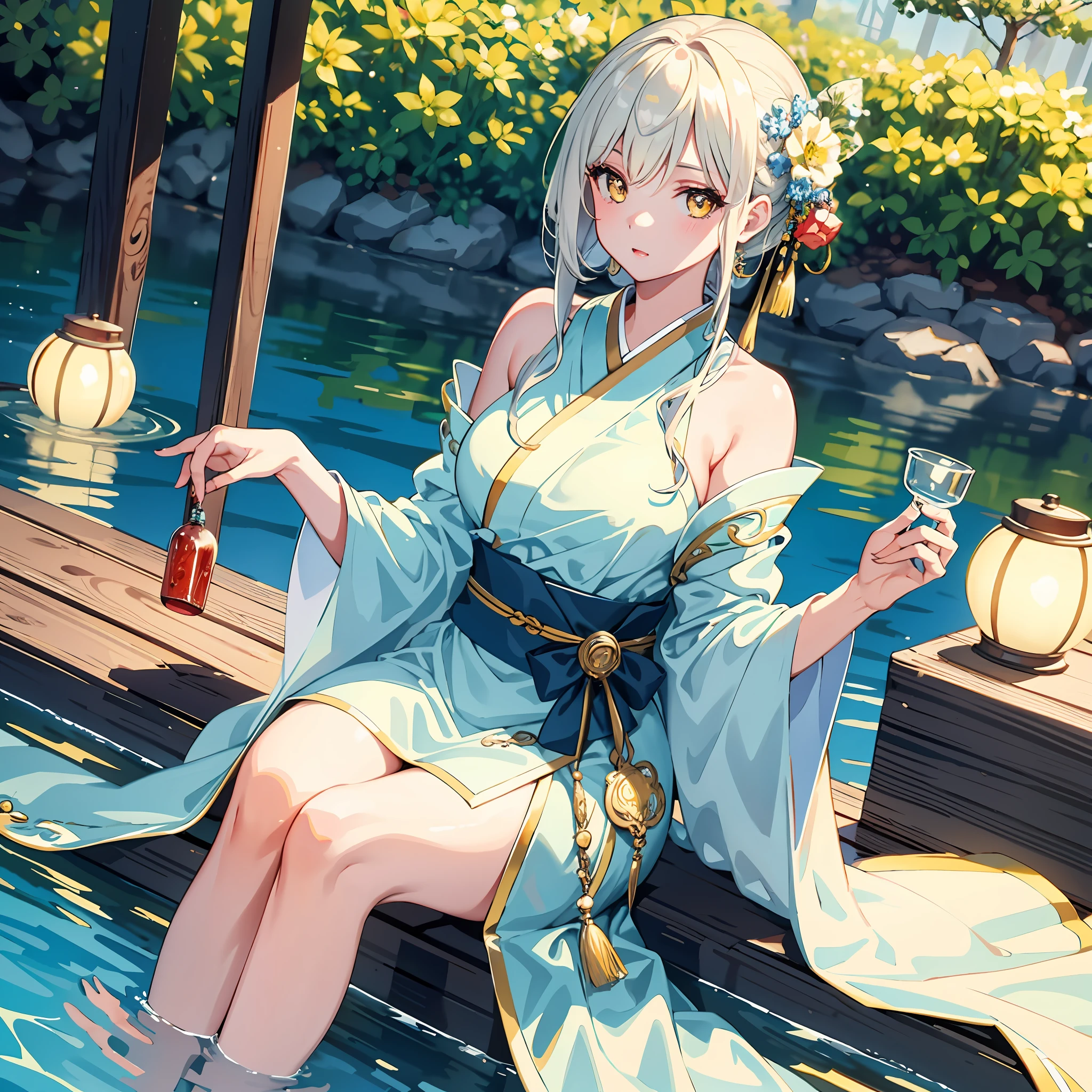 Highest Quality, Natural Lighting, High Resolution, Original, Ethereal Beauty, Seductive Gaze, Charming Poses, Otherworldly Charm, Very Detailed Wallpapers, Very Detailed Illustrations, (1 Girl), Charming Beautiful Gorgeous Woman, Perfect female body, beautiful eyes, (delicate face), (seductive expression), yellow eyes, influence, (beautiful details water: 1.4), (Hanfu, Tang style), red lips, (glass jar Girls in: 1.1),